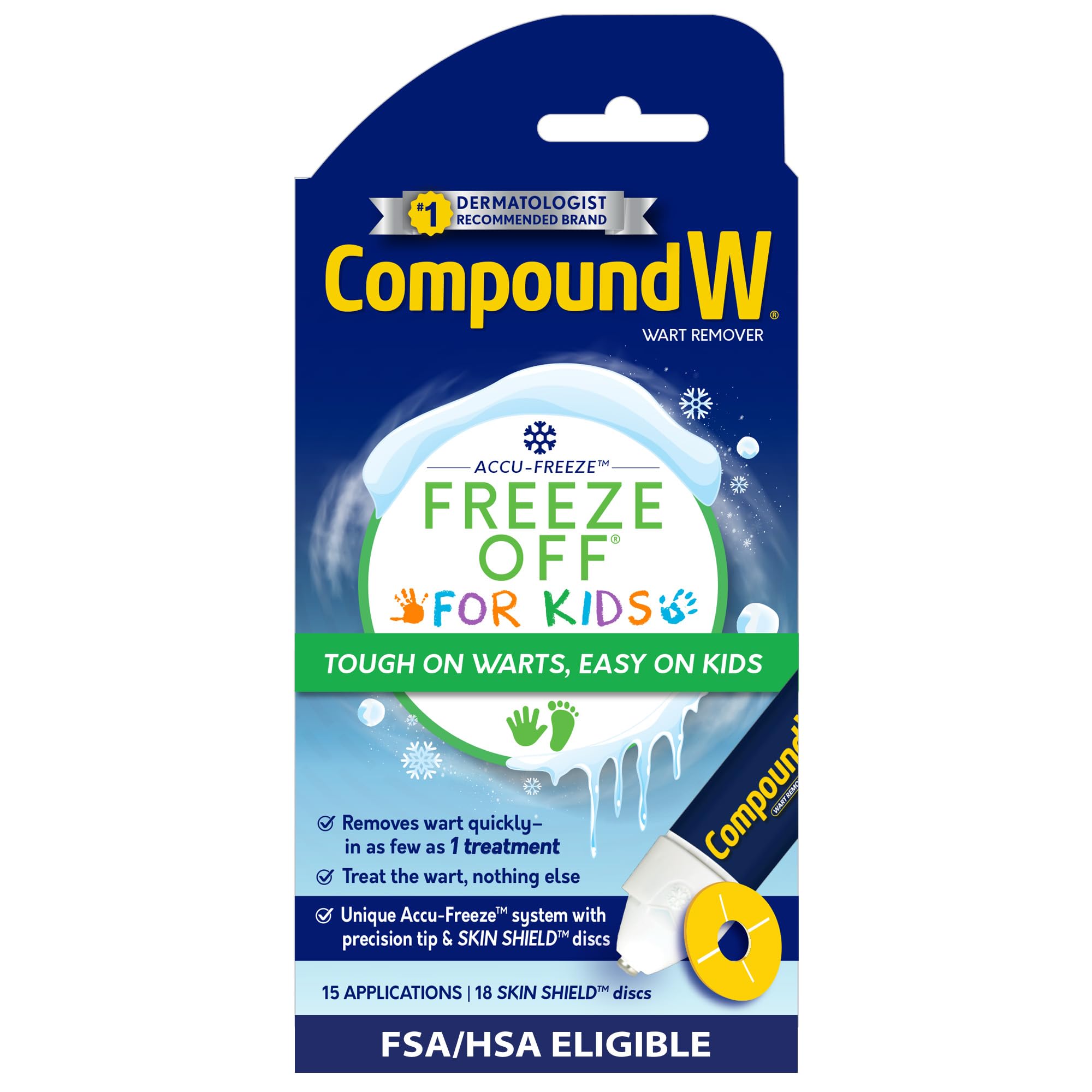 Compound W envase frontal mostrando 15 aplicaciones y uso para niños