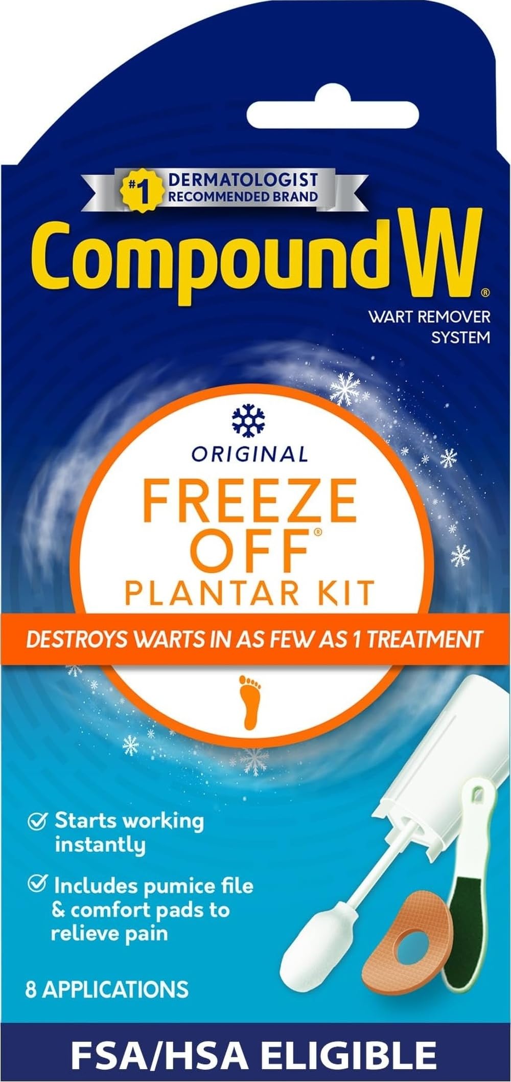 Compound W empaque frontal mostrando el kit y beneficios de uso doméstico