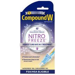 Compound W empaque frontal mostrando el bolígrafo y beneficios