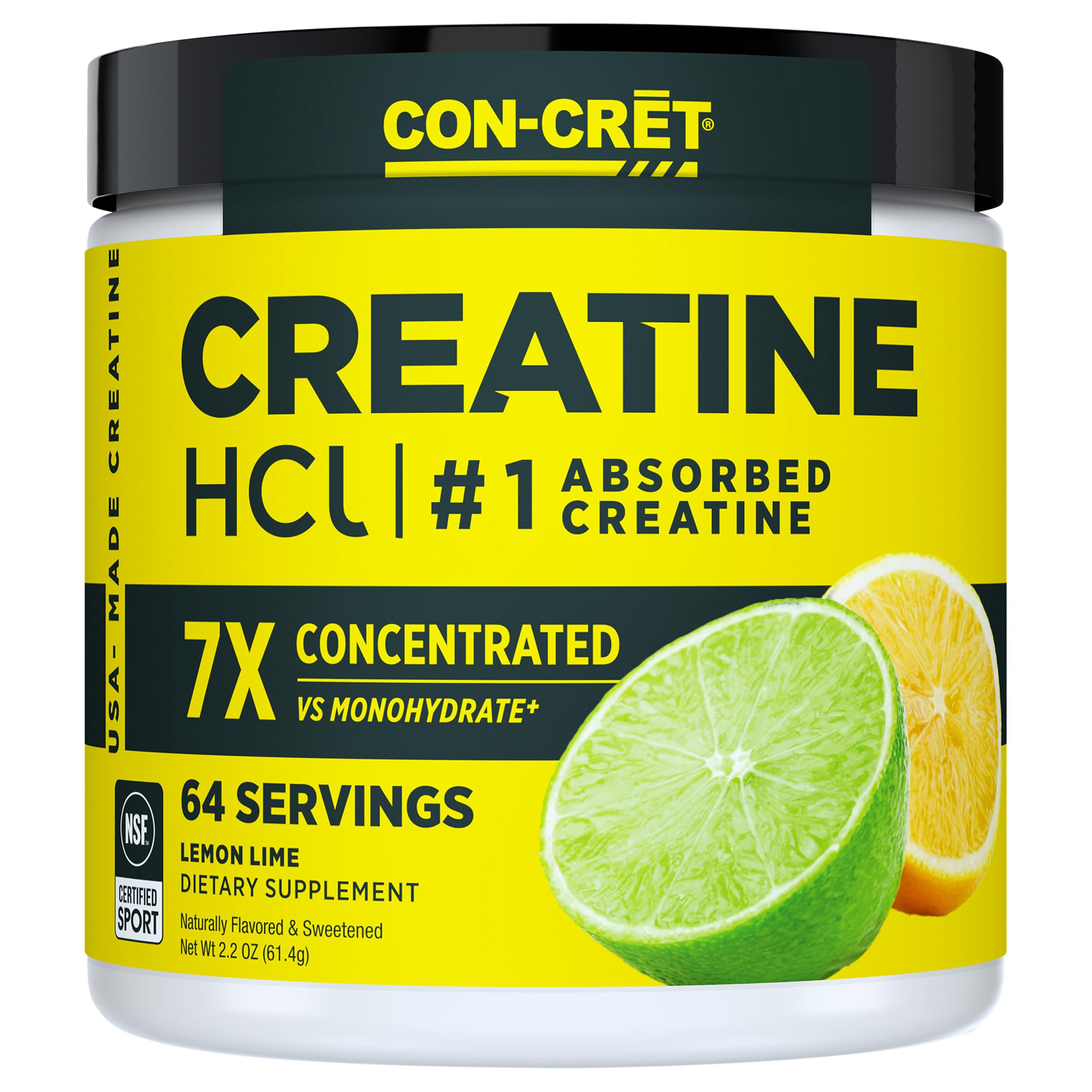 CON-CRĒT lata frontal mostrando 64 porciones y sabor Lemon Lime