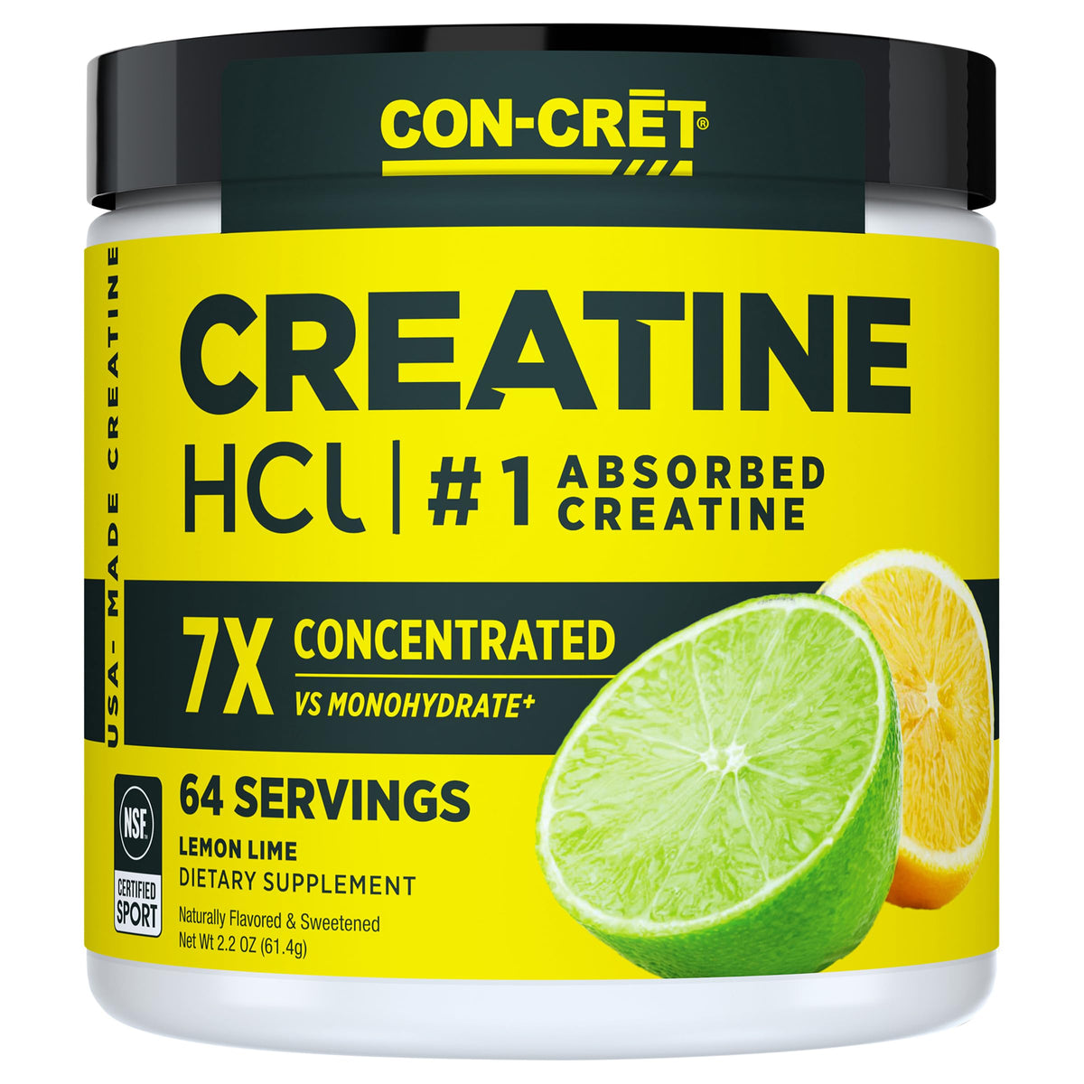 CON-CRĒT lata frontal mostrando 64 porciones y sabor Lemon Lime