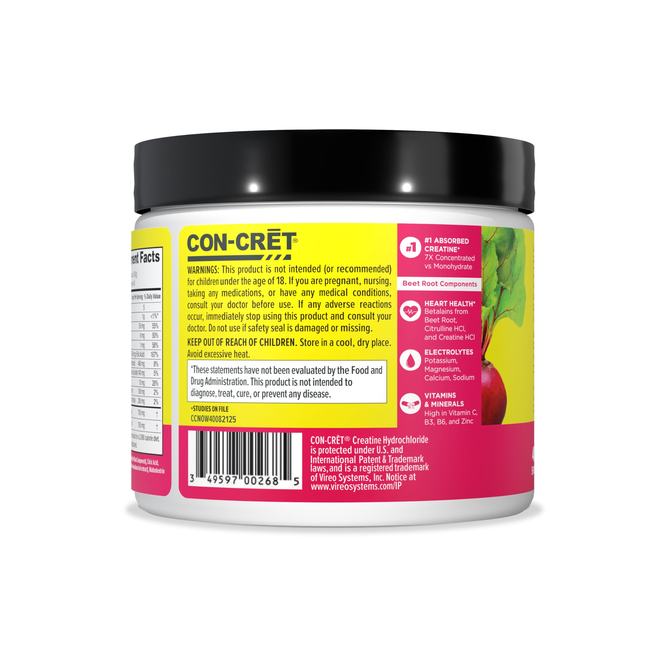 CON-CRET junto a remolacha y citrulina que ilustran origen de los nutrientes