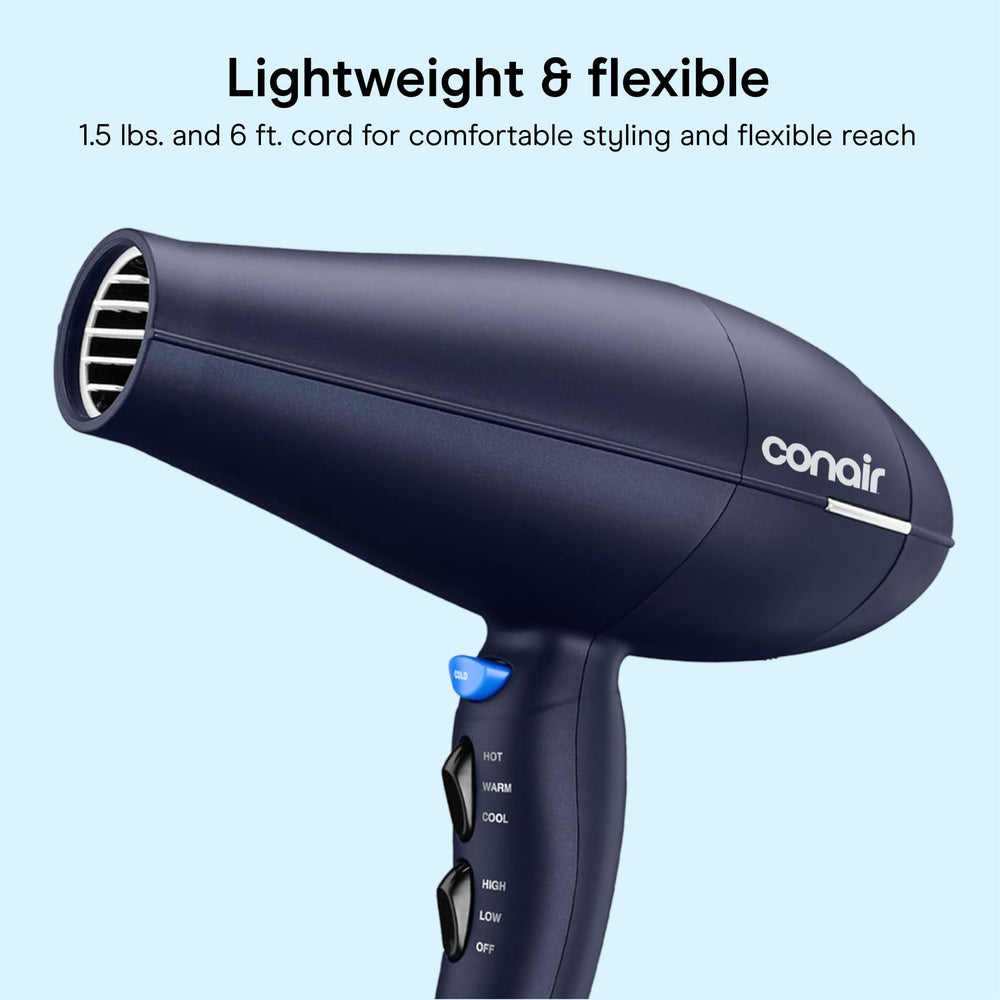 Conair controles y etiqueta con ajustes de calor y velocidad visibles