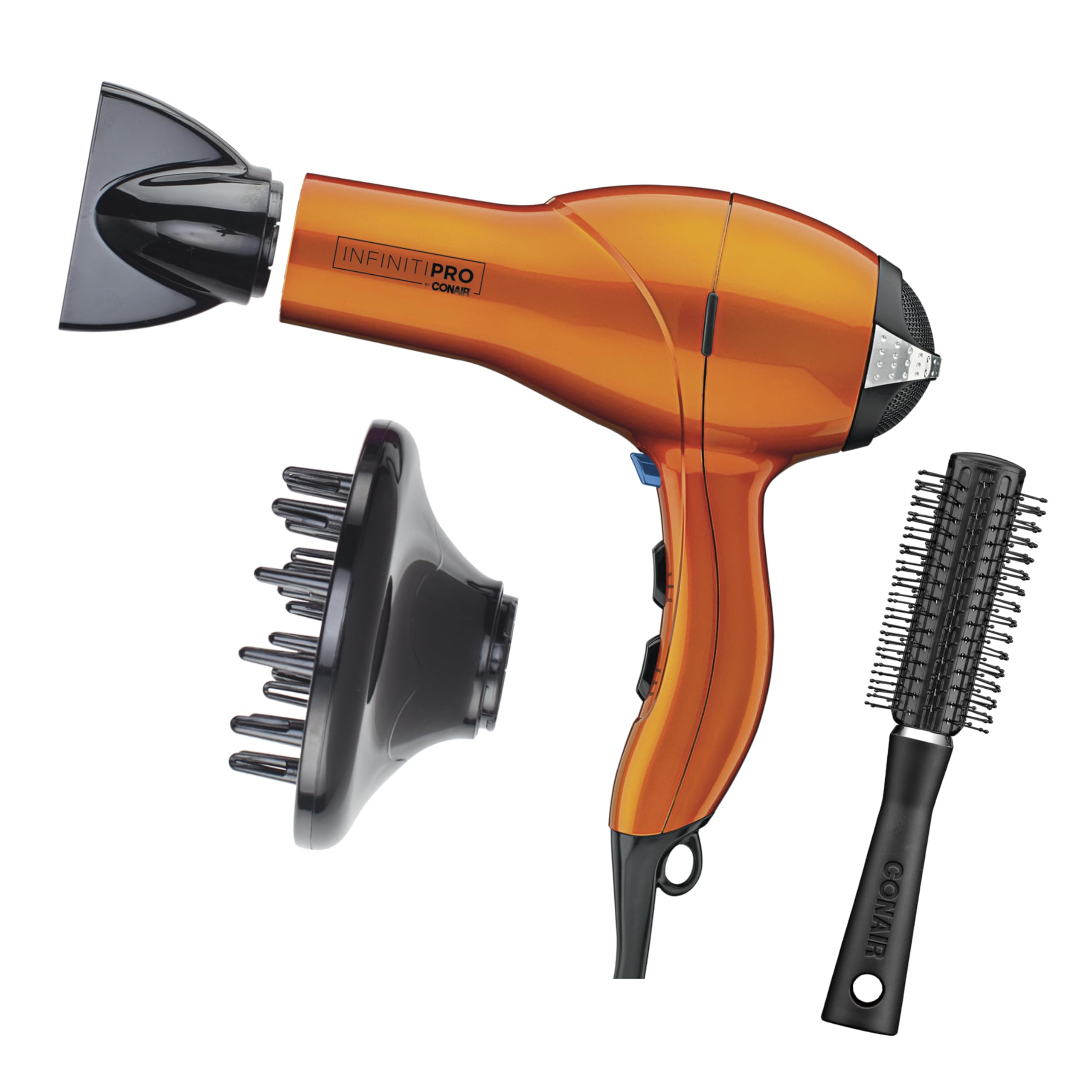 Conair INFINITI PRO vista frontal y accesorios para peinados duraderos