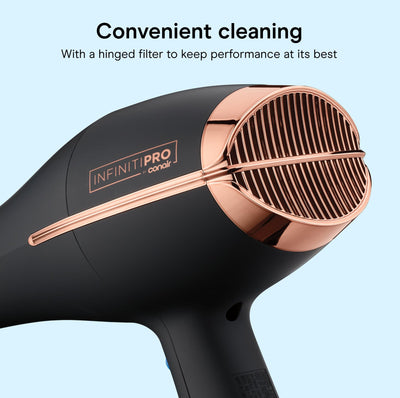 Conair InfinitiPRO close-up of velvet-touch texture and rose-gold accents for grip