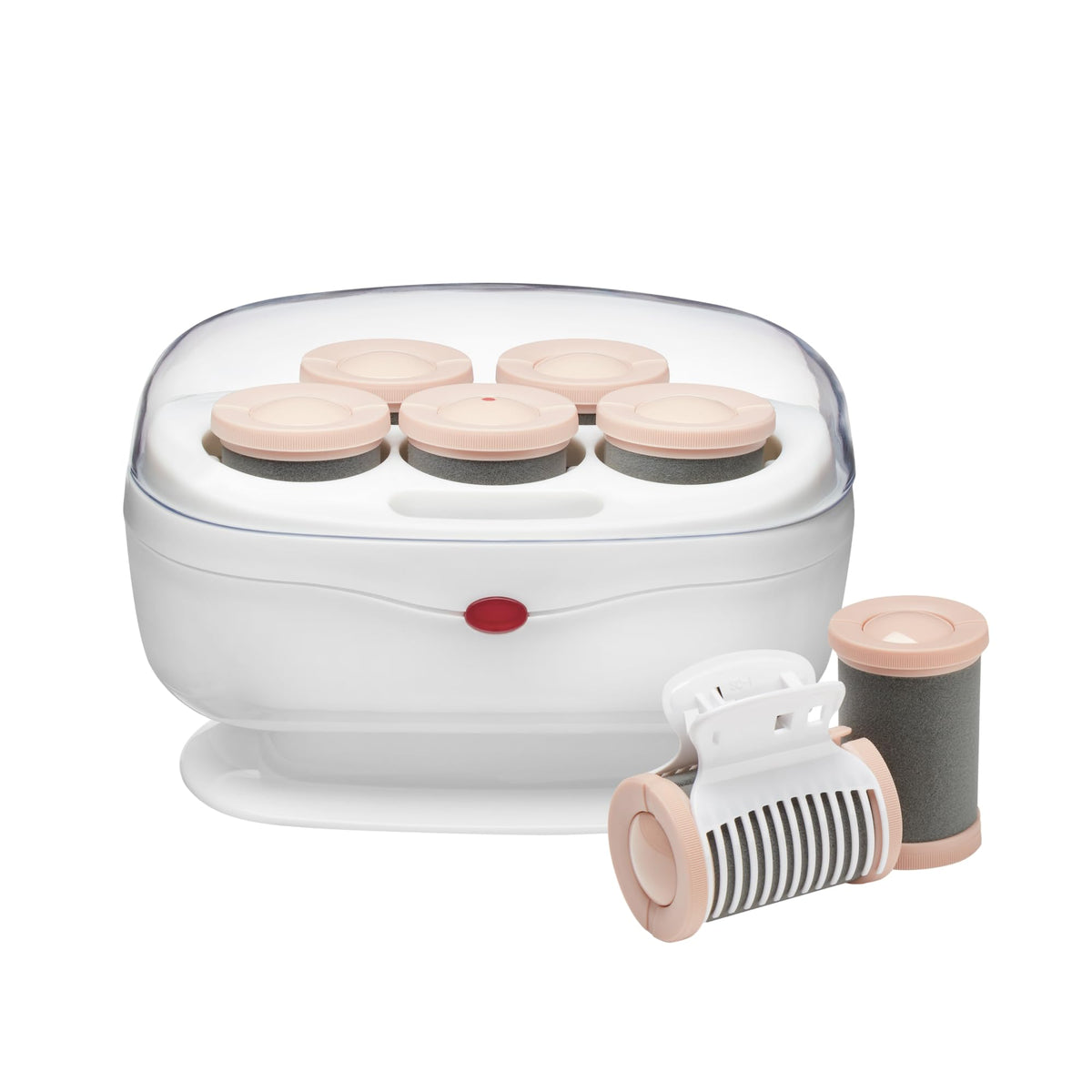 Conair front view of jumbo roller set showing compact white base and rollers for quick styling