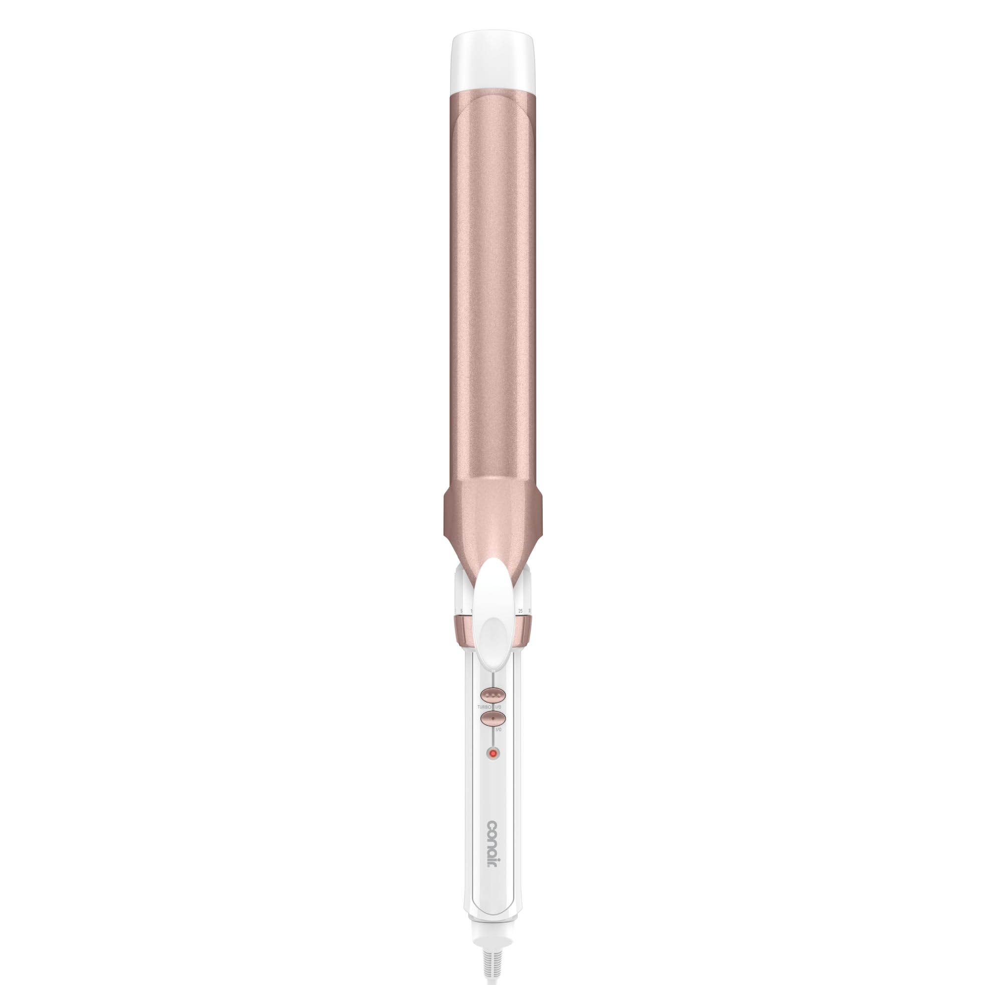 Conair frente del rizador mostrando diseño blanco y rose gold para estilo elegante