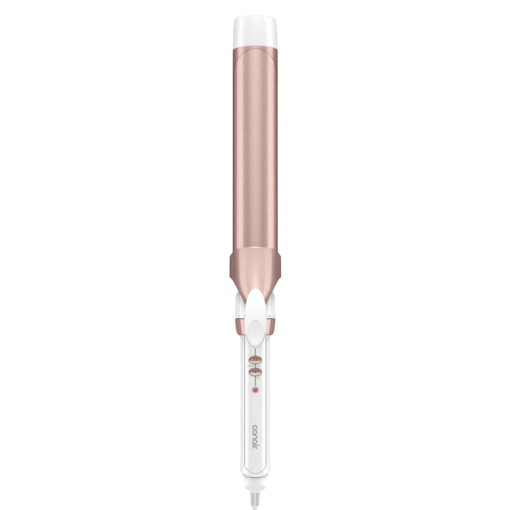Conair frente del rizador mostrando diseño blanco y rose gold para estilo elegante