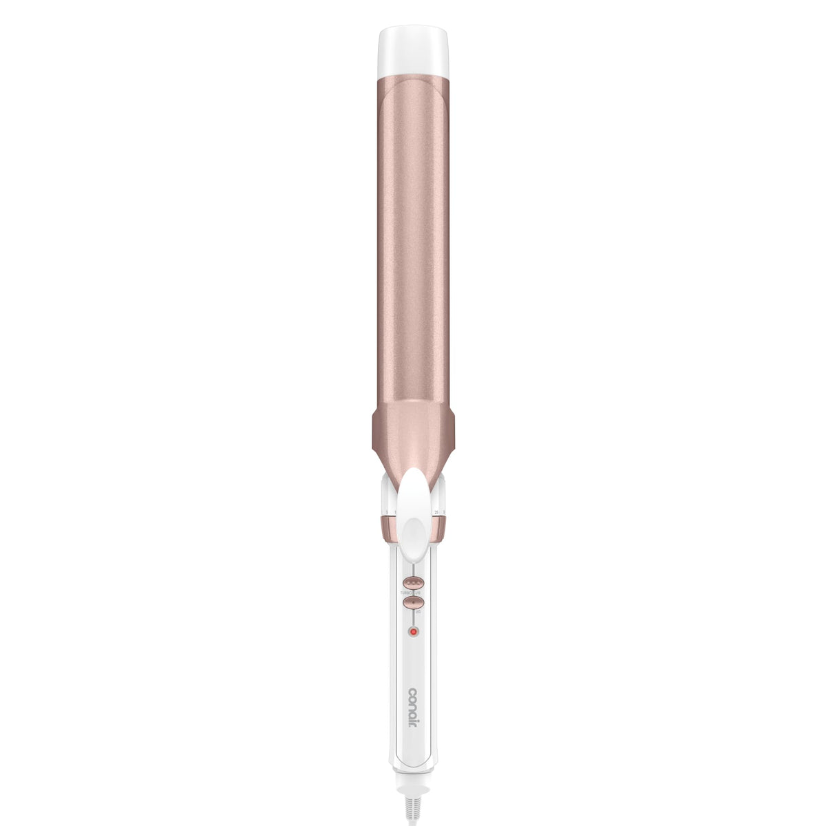 Conair frente del rizador mostrando diseño blanco y rose gold para estilo elegante