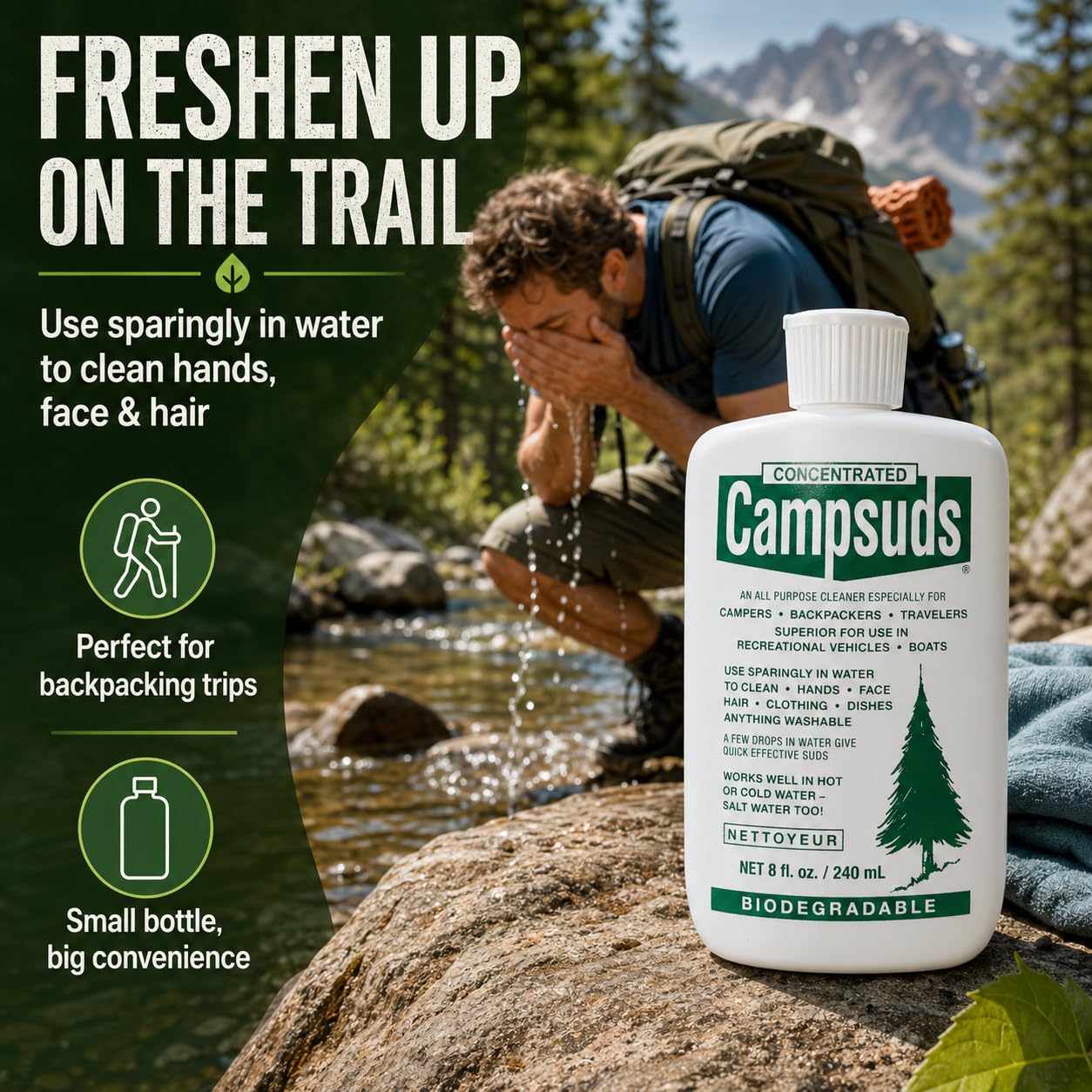 CONCENTRATED CAMPSUDS frasco junto a naranja para escala y portabilidad