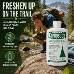CONCENTRATED CAMPSUDS frasco junto a naranja para escala y portabilidad