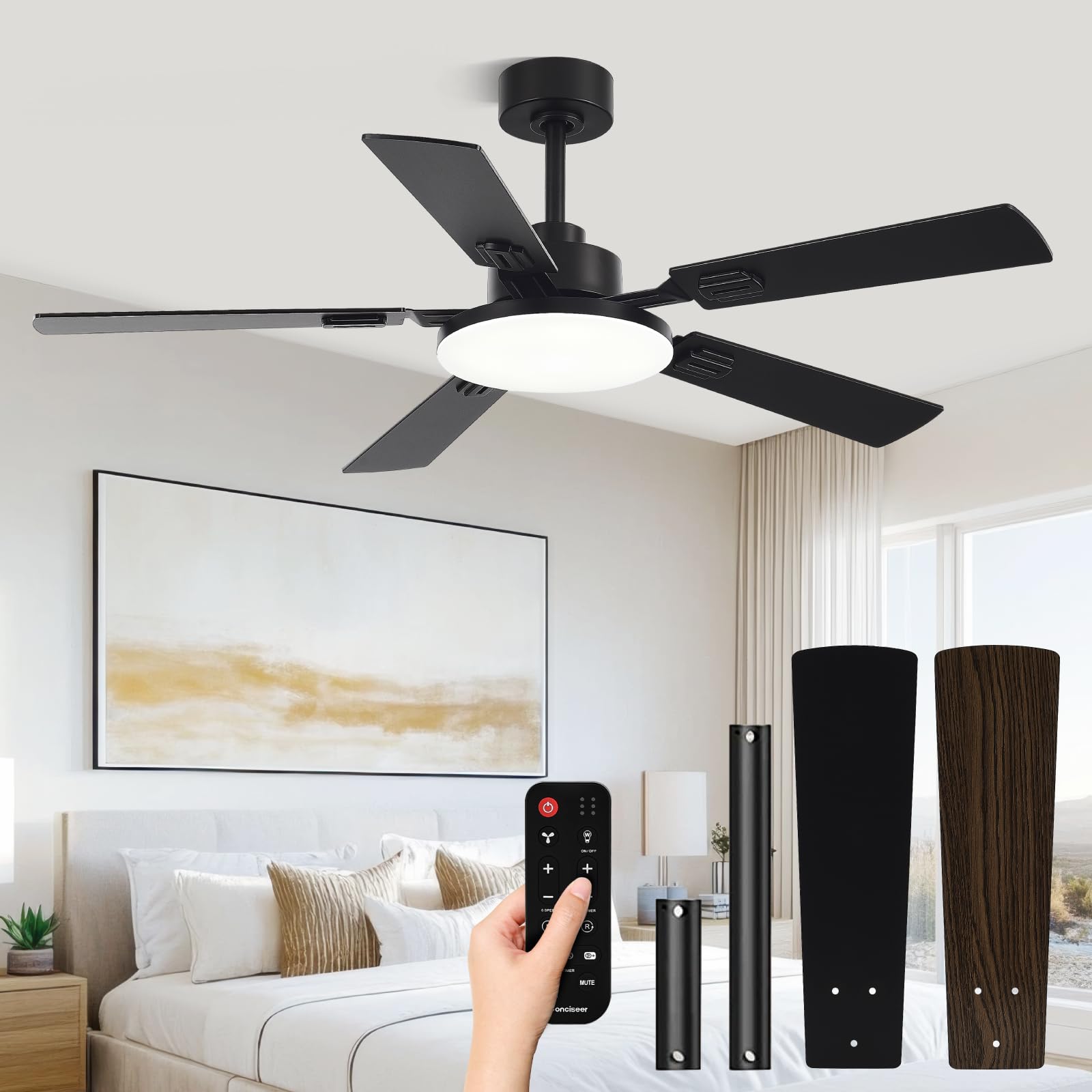 Conciseer front view black ceiling fan showing sleek design and balanced airflow benefit