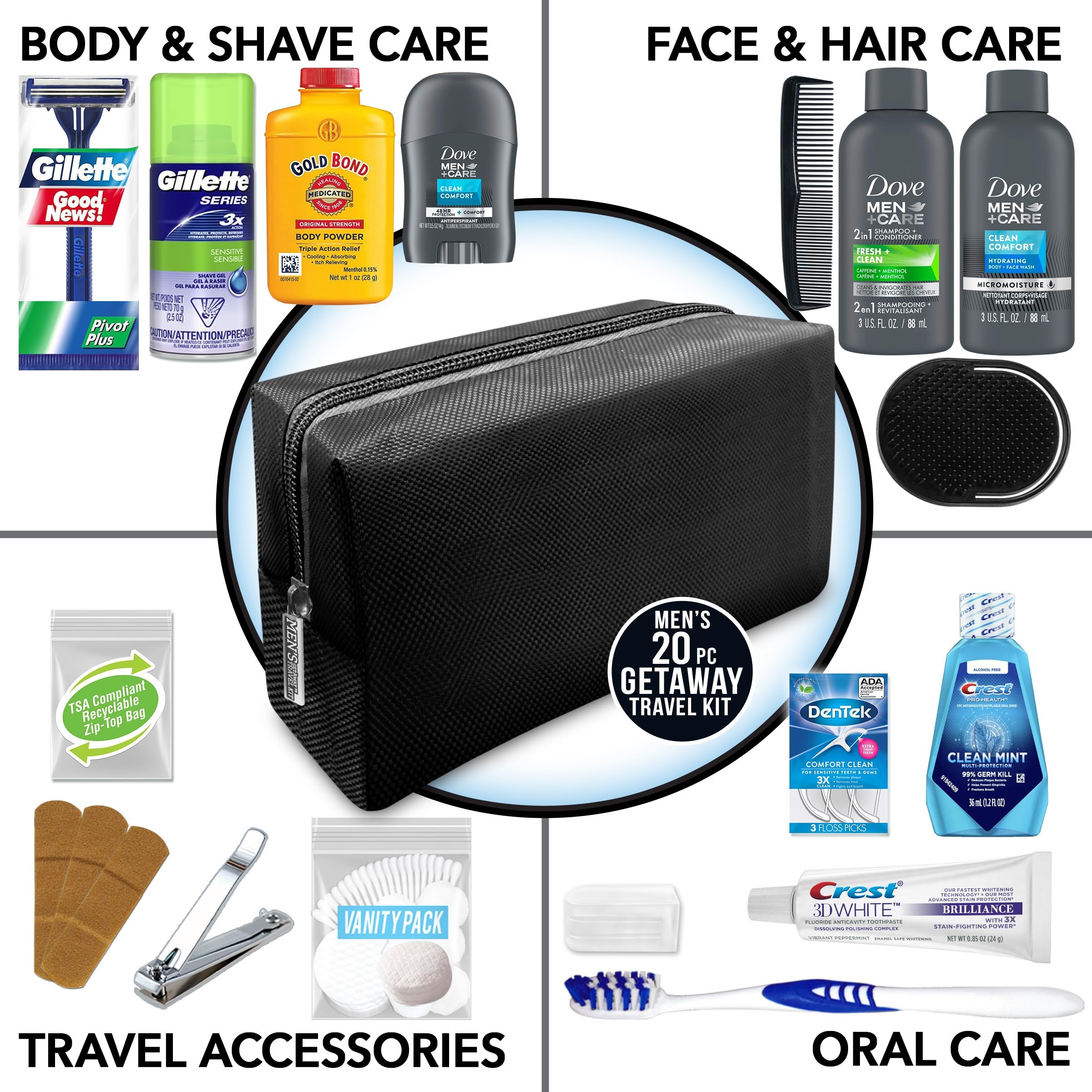 Convenience Kits International vista del contenido: shampoo, gel, pasta, cepillo y accesorios listos para viaje