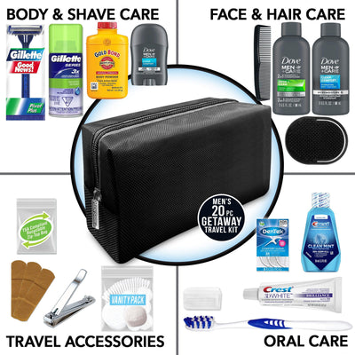 Convenience Kits International vista del contenido: shampoo, gel, pasta, cepillo y accesorios listos para viaje