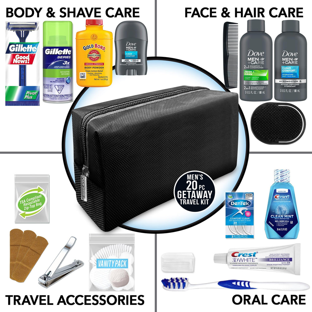 Convenience Kits International vista del contenido: shampoo, gel, pasta, cepillo y accesorios listos para viaje