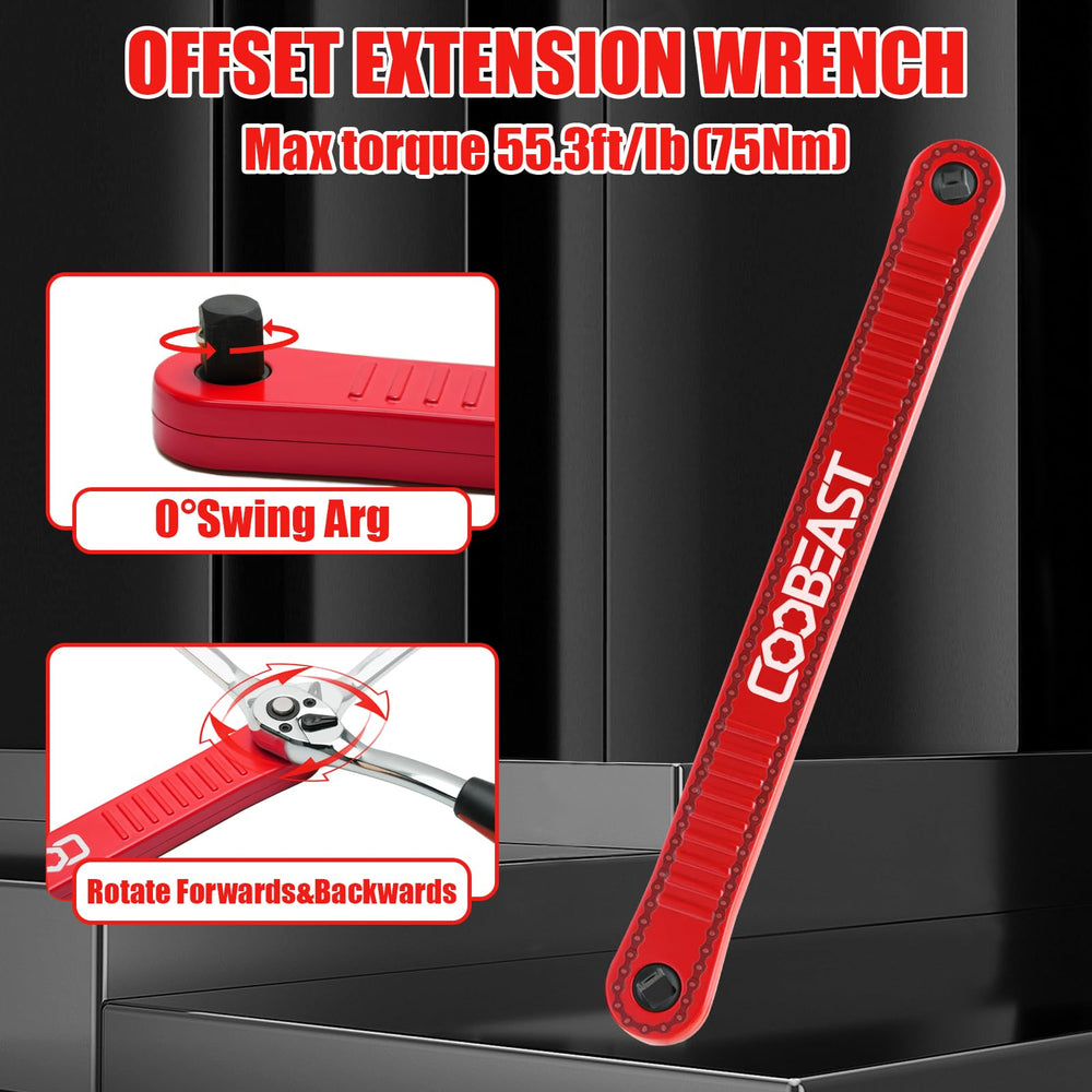 coobeast extensor en uso sobre un motor que mejora acceso a pernos difíciles