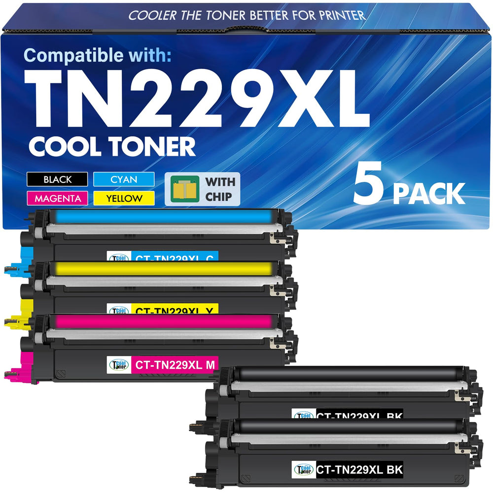 Cool Toner paquete TN229XL mostrando frentes de cartuchos y beneficio de suministro completo