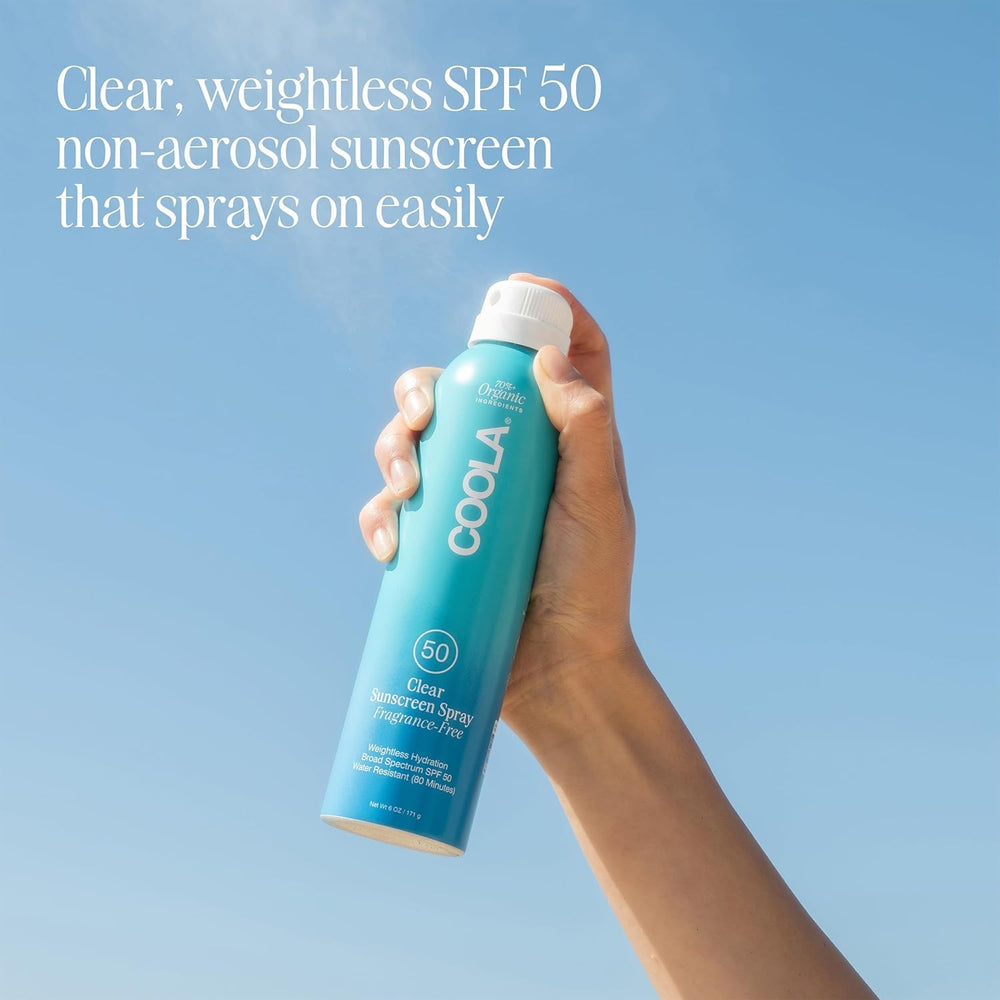 COOLA spray nozzle close-up highlighting easy, even application benefit