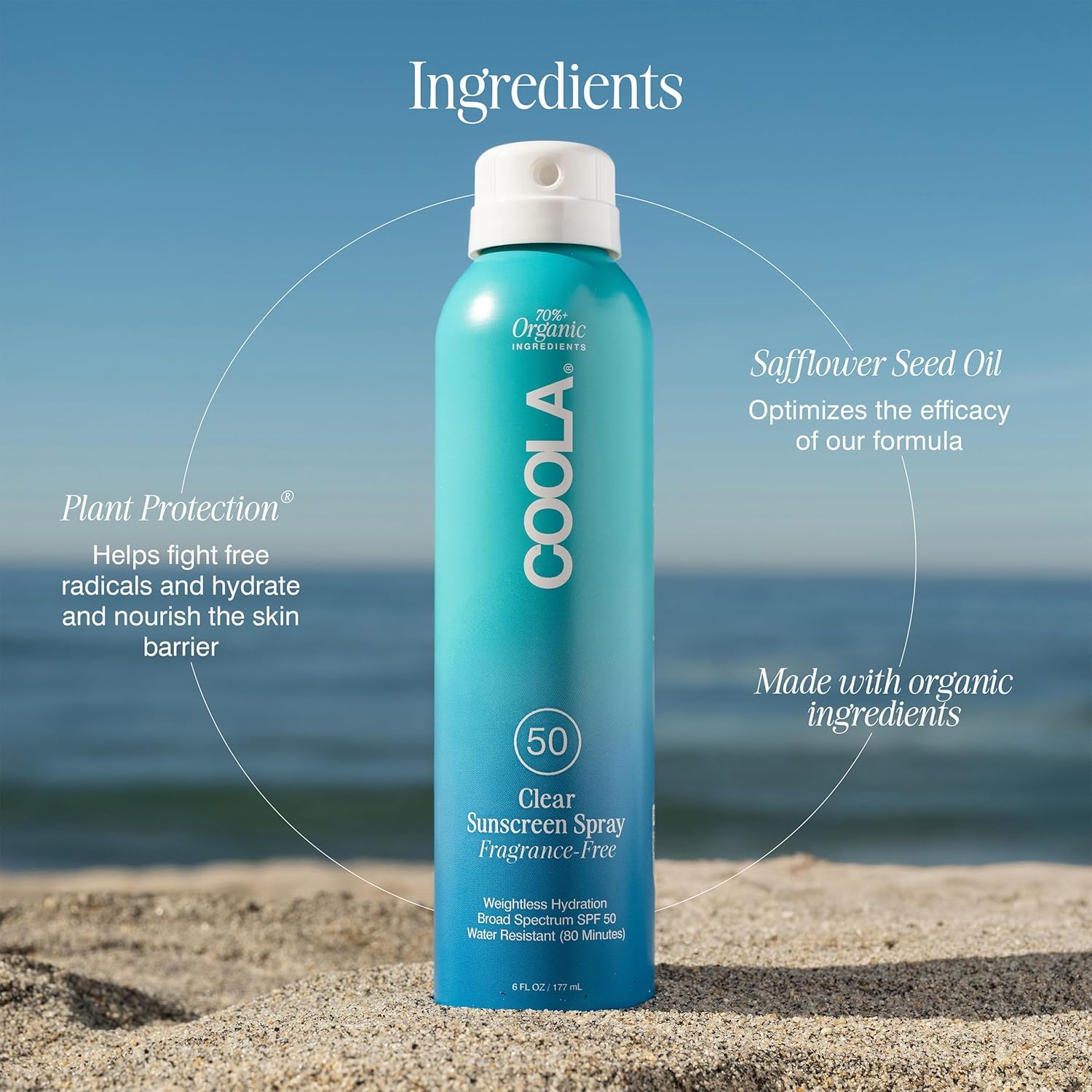 COOLA bottle in hand showing 6 fl oz portable size benefit