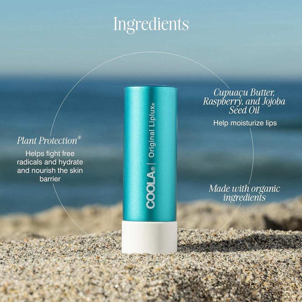 COOLA Liplux etiqueta con información SPF 30 y sellos ecológicos