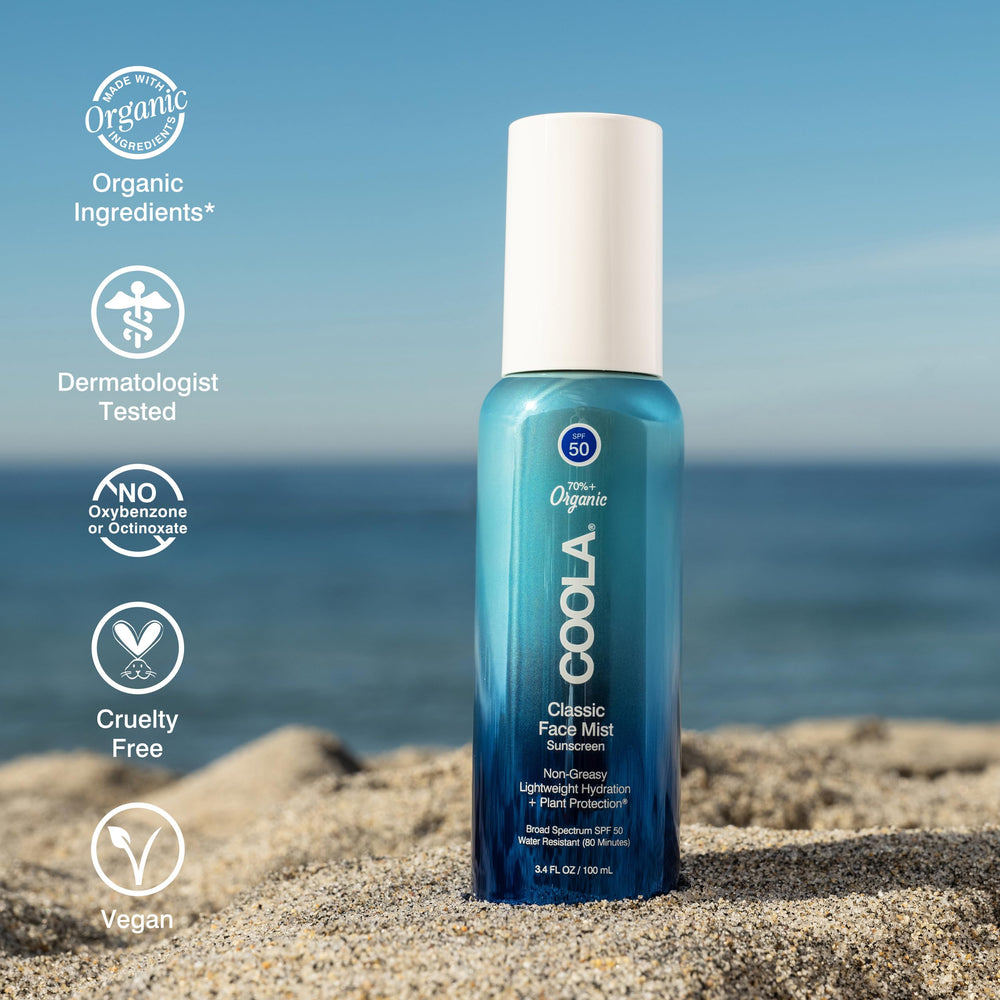 COOLA comparado con una mano para mostrar tamaño de 3.4 fl oz y portabilidad