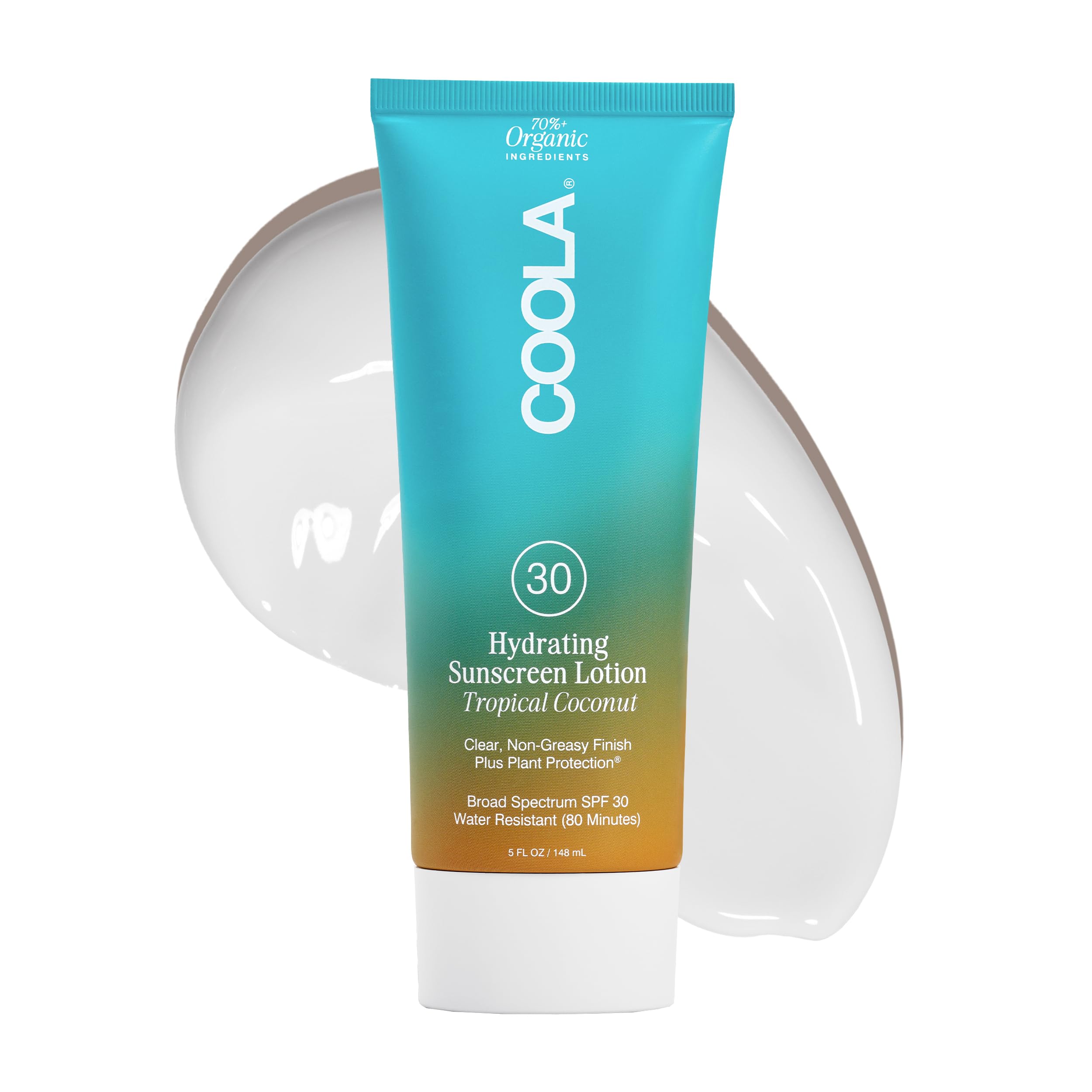 COOLA bottle front view showing tropical coconut scent and SPF 30 benefit