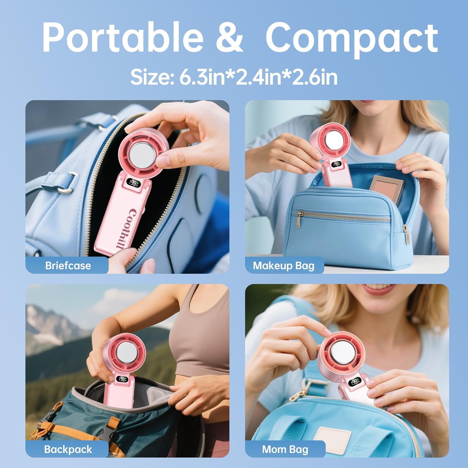 Coolhill ventilador conectado a powerbank ilustrando recarga móvil fácil