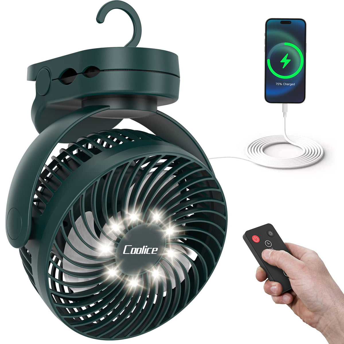 Coolice ventilador frontal mostrando rejilla y diseño portátil, comodidad de transporte