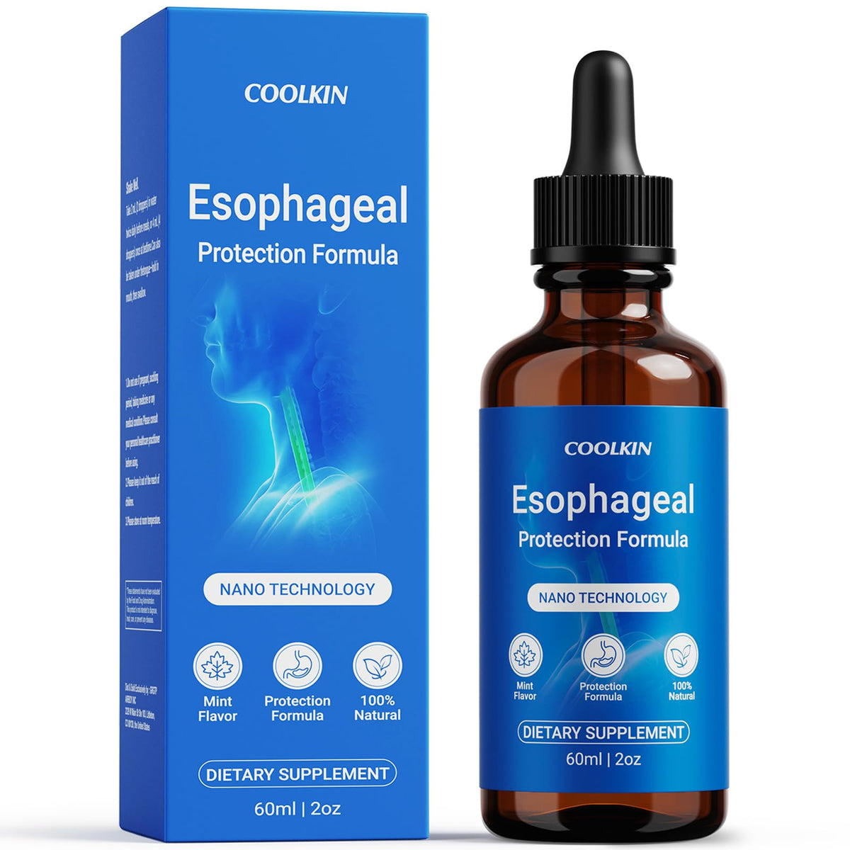 COOLKIN envase frontal de gotas para alivio esofágico con diseño claro y beneficios