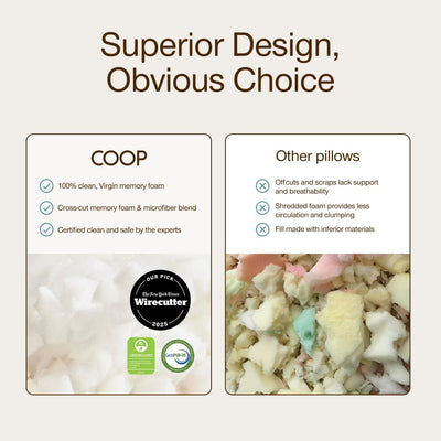 Coop Home Goods pillow cradling a side sleeper's shoulder for pressure relief