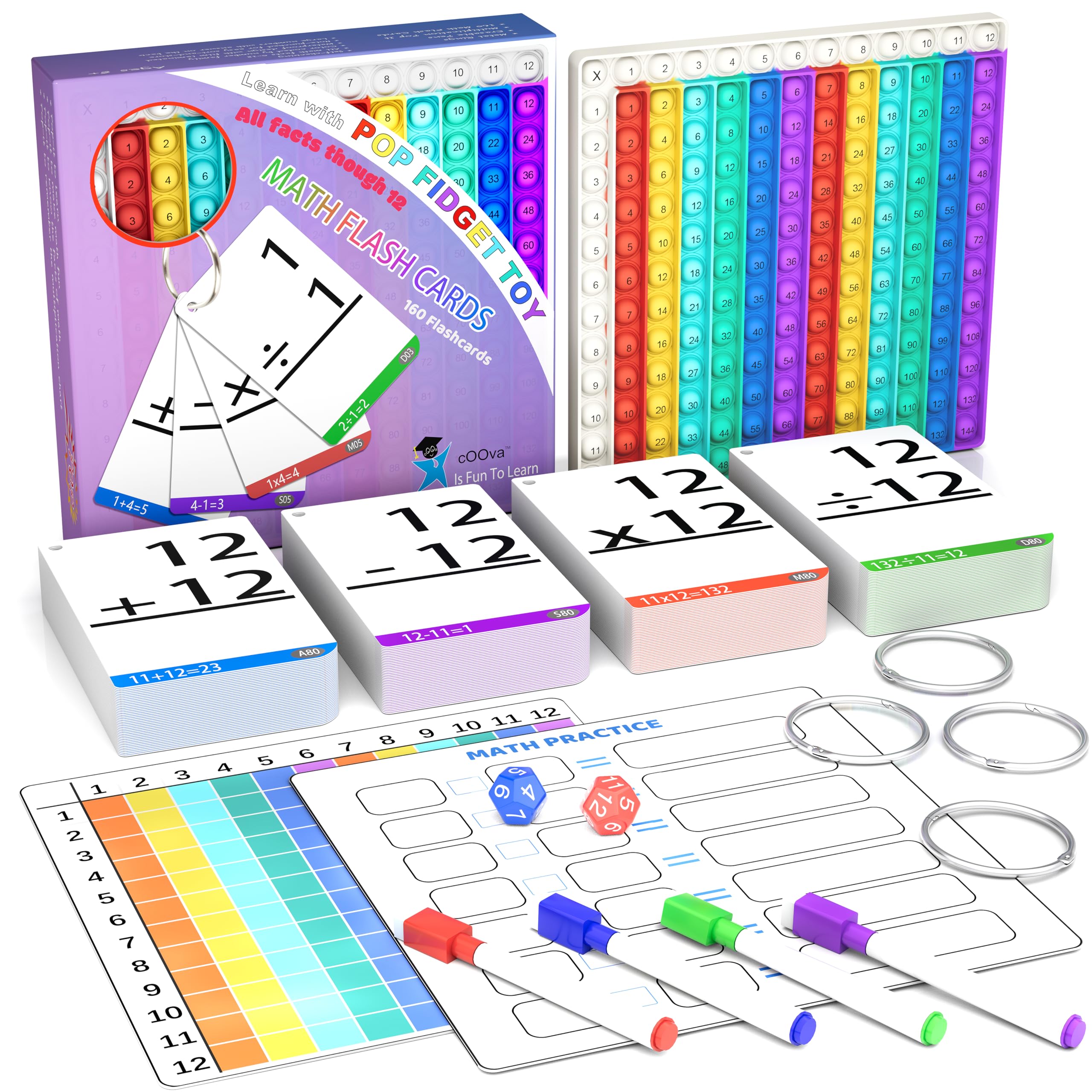 COOVA vista frontal del set educativo mostrando tarjetas y Pop It como herramienta didáctica