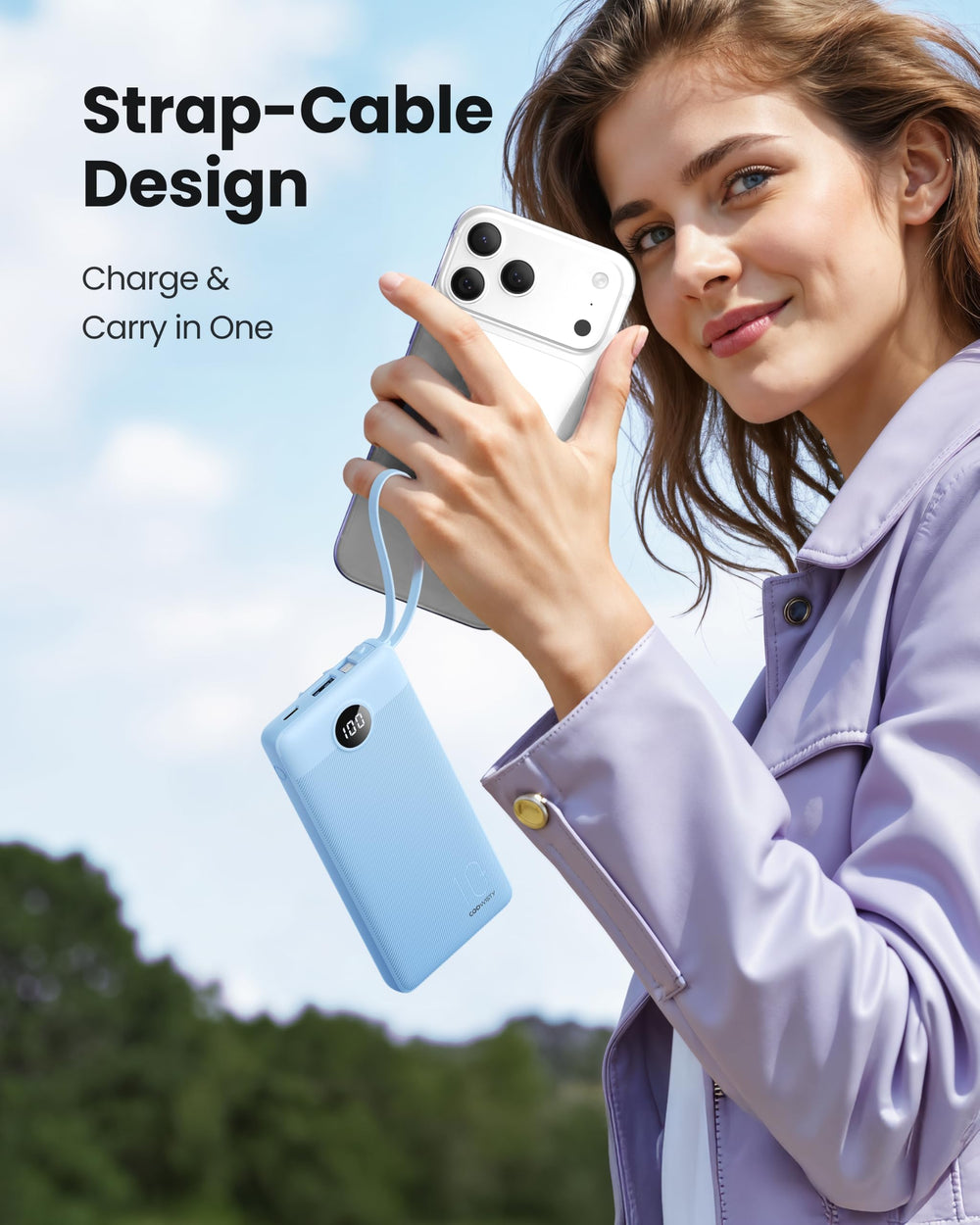 Coowisty en mano para comparar escala y demostrar portabilidad de 10000mAh