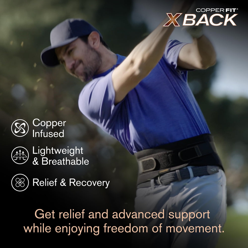 Person wearing Copper Fit brace while standing demonstrating mobility and posture support