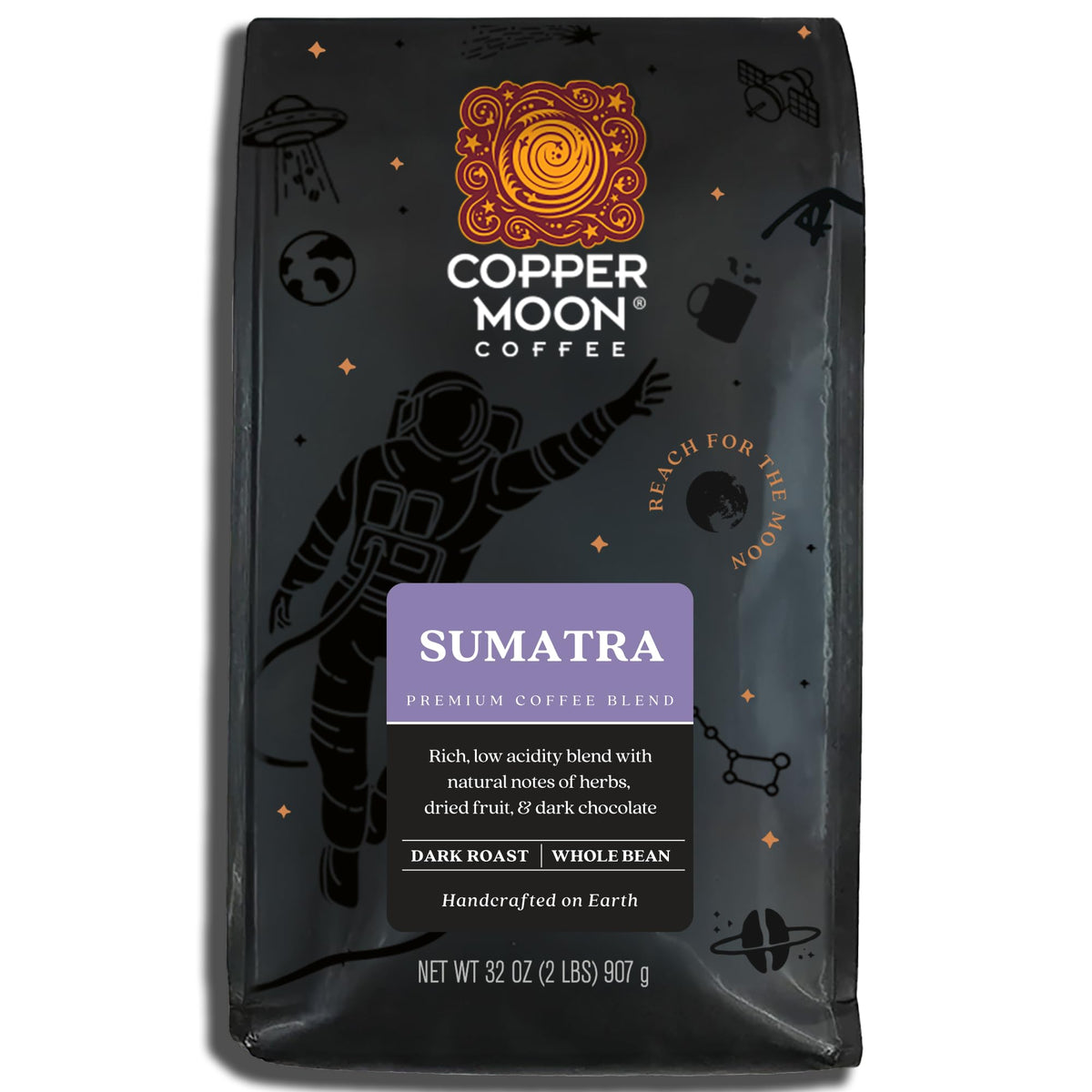 Copper Moon front packaging showing 2 lb bag and bold branding for shelf appeal