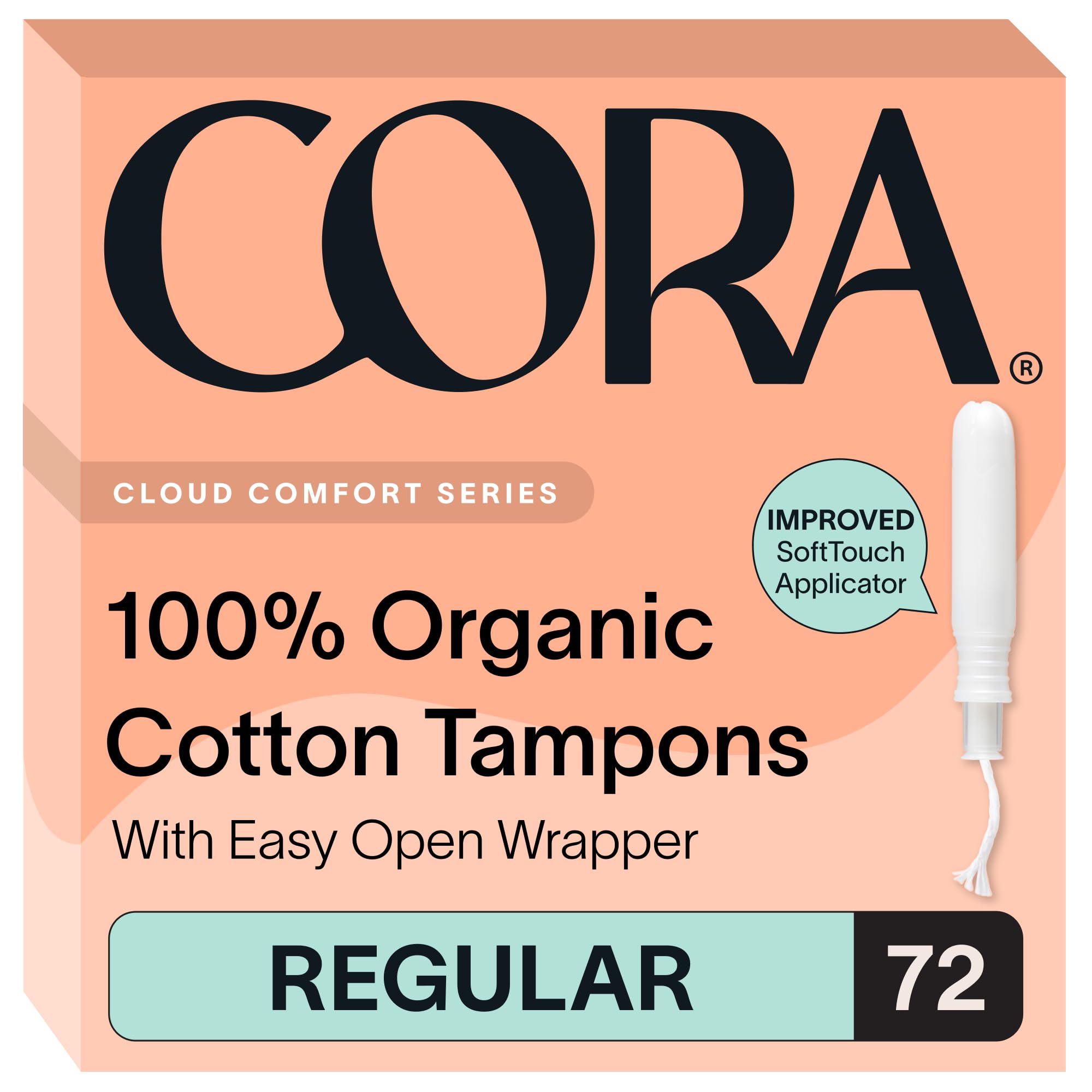 Cora front packaging showing 72 regular tampons and clear ingredient focus
