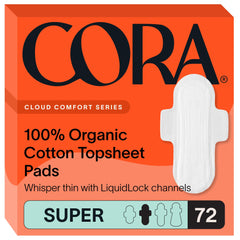 Cora front packaging of 72 Super pads showing product count and branding for reassurance
