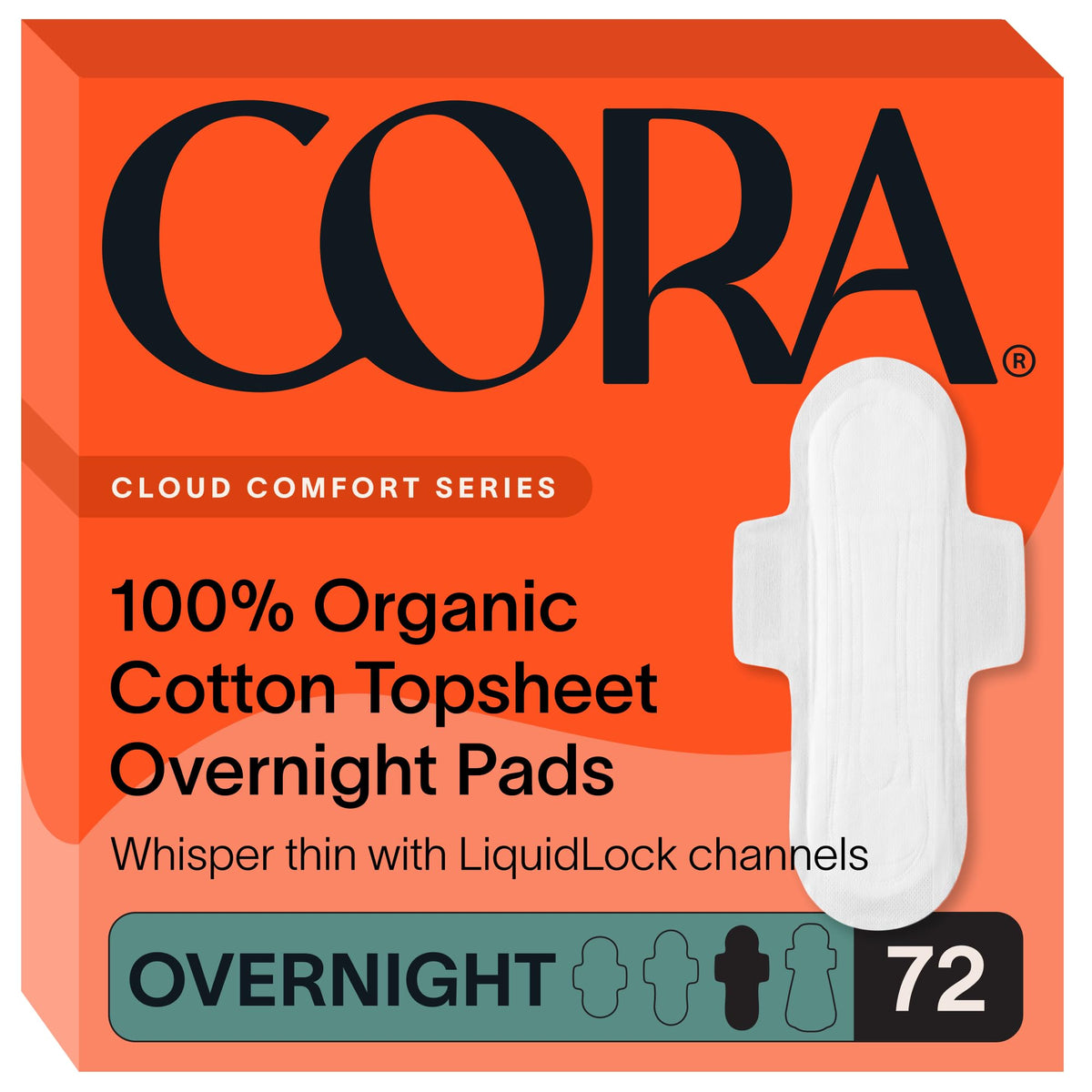 Cora empaque frontal de toallas nocturnas 72 unidades mostrando protección y confianza