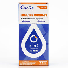 CorDx empaque frontal mostrando 4 pruebas y beneficios rápidos