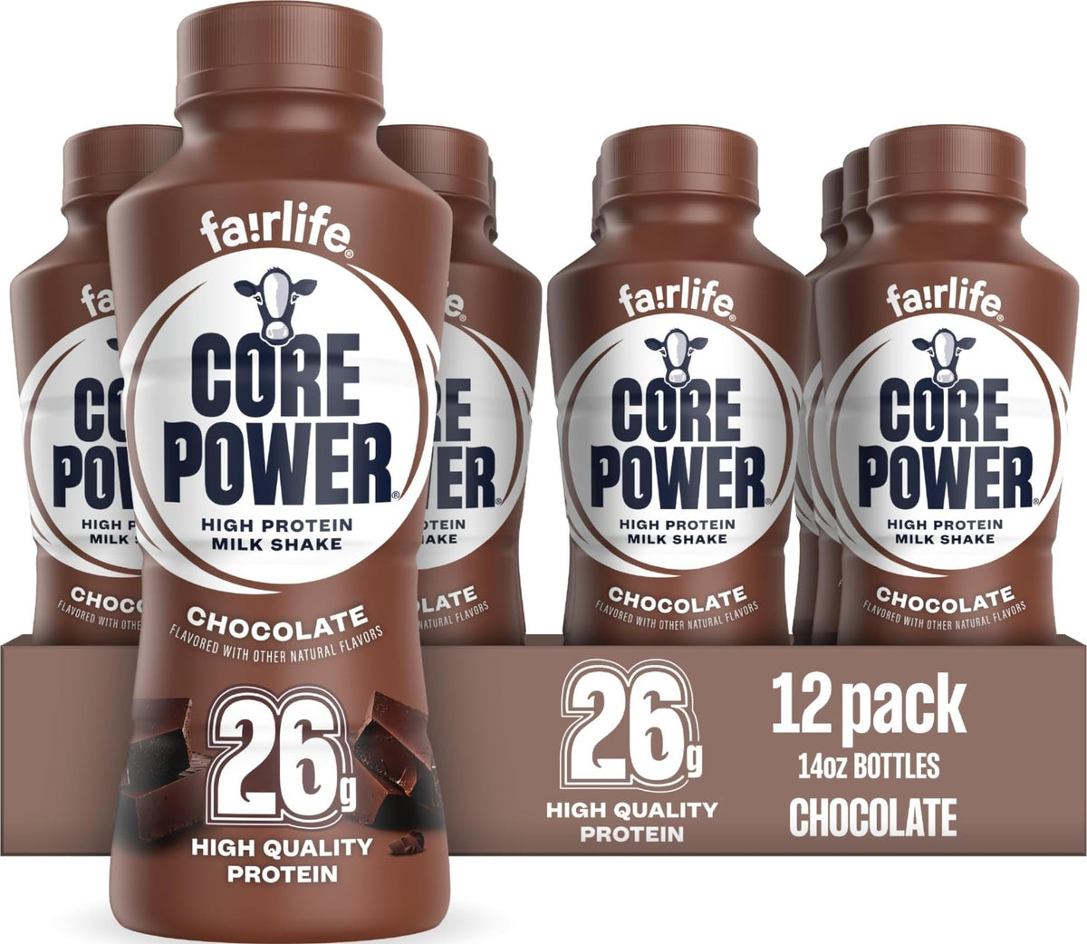 Core Power vista frontal del pack de 12 botellas, práctico y nutritivo