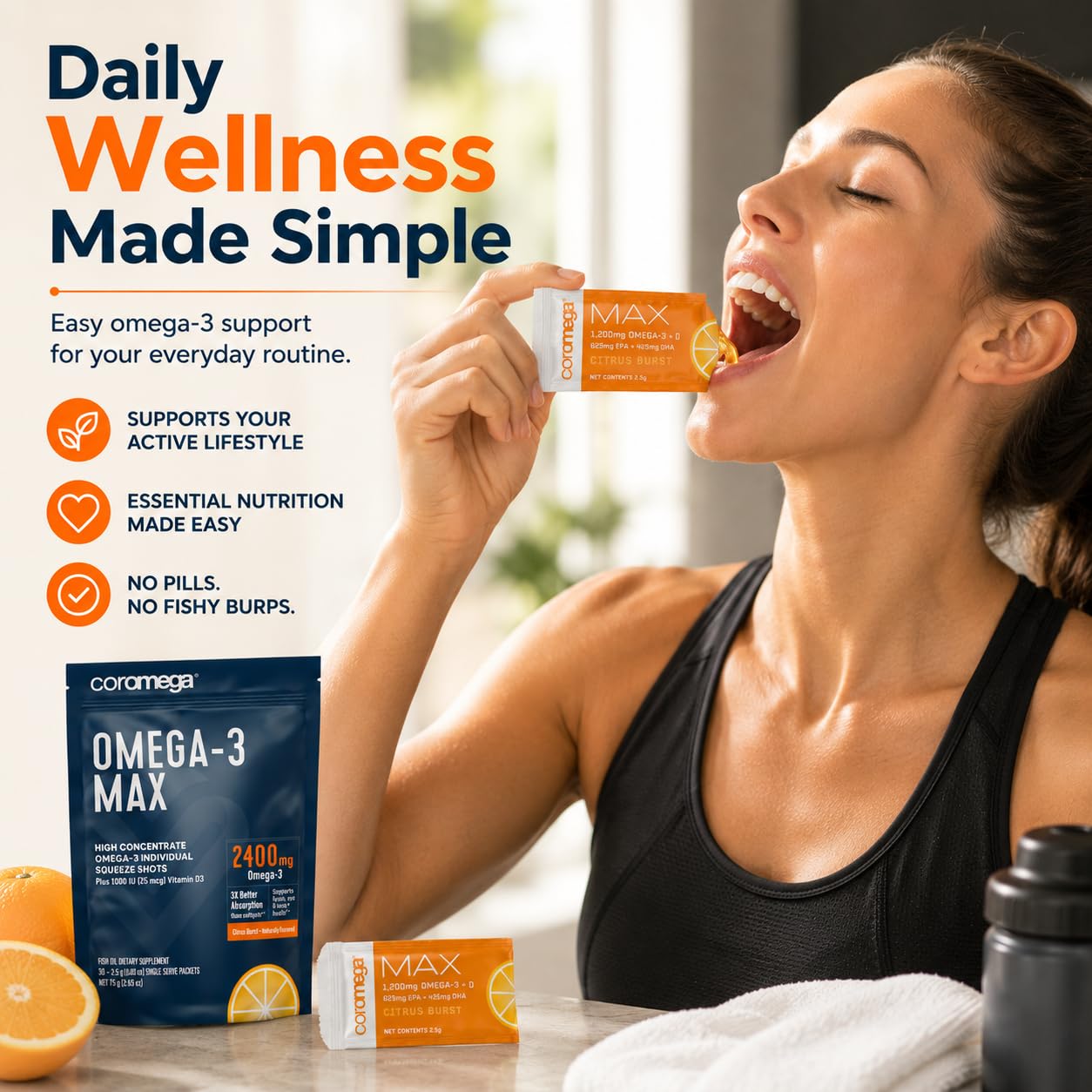 Coromega etiqueta con información nutricional visible y confianza de marca