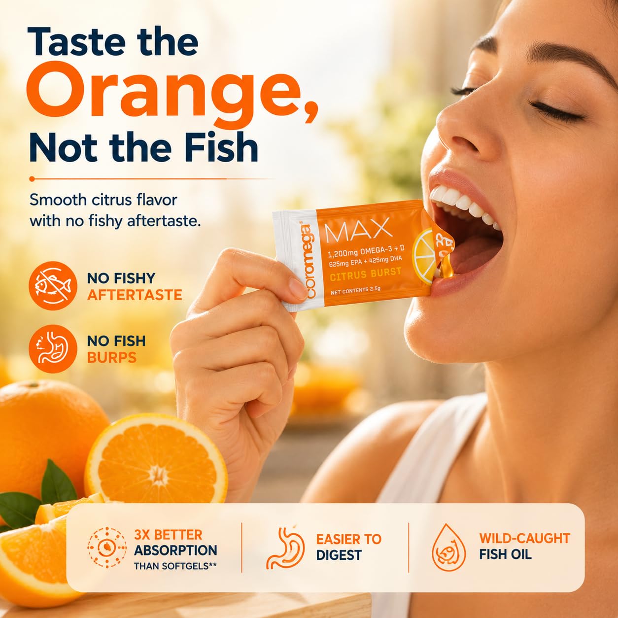 Coromega sobre junto a yogur indicando uso en alimentos y buen sabor