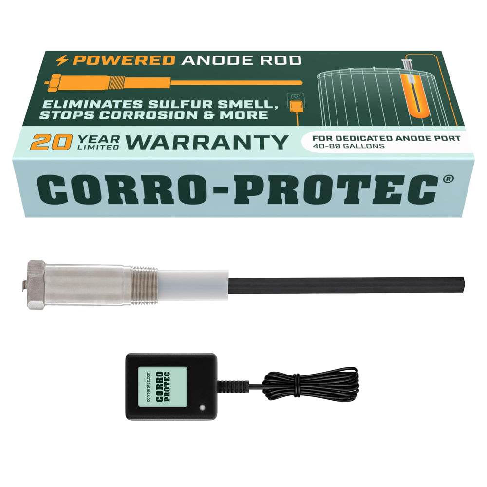 Corro-Protec front view showing powered anode rod and durable finish for long life