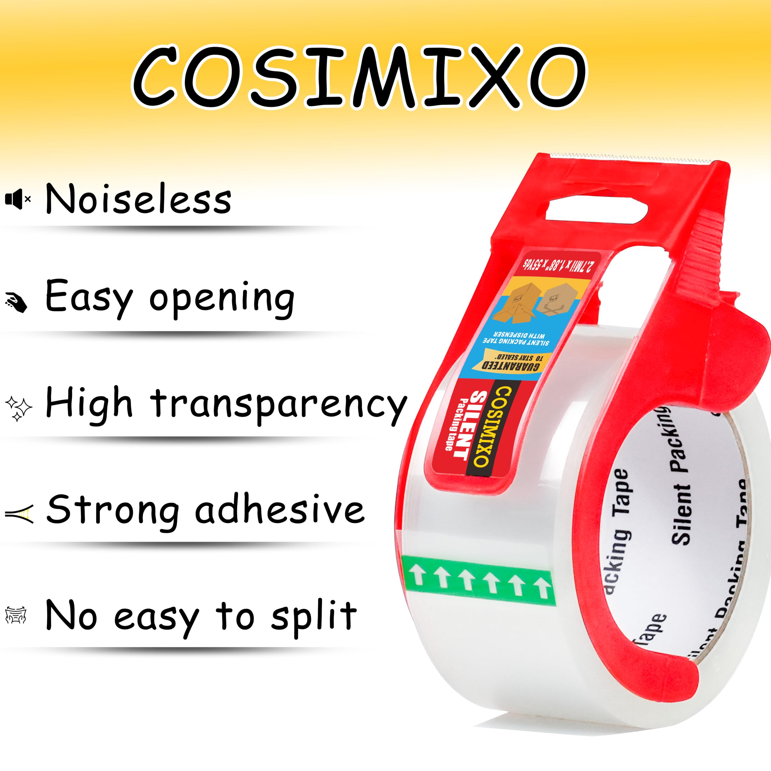 COSIMIXO aplicando cinta a caja para envío, sellado fuerte y silencioso