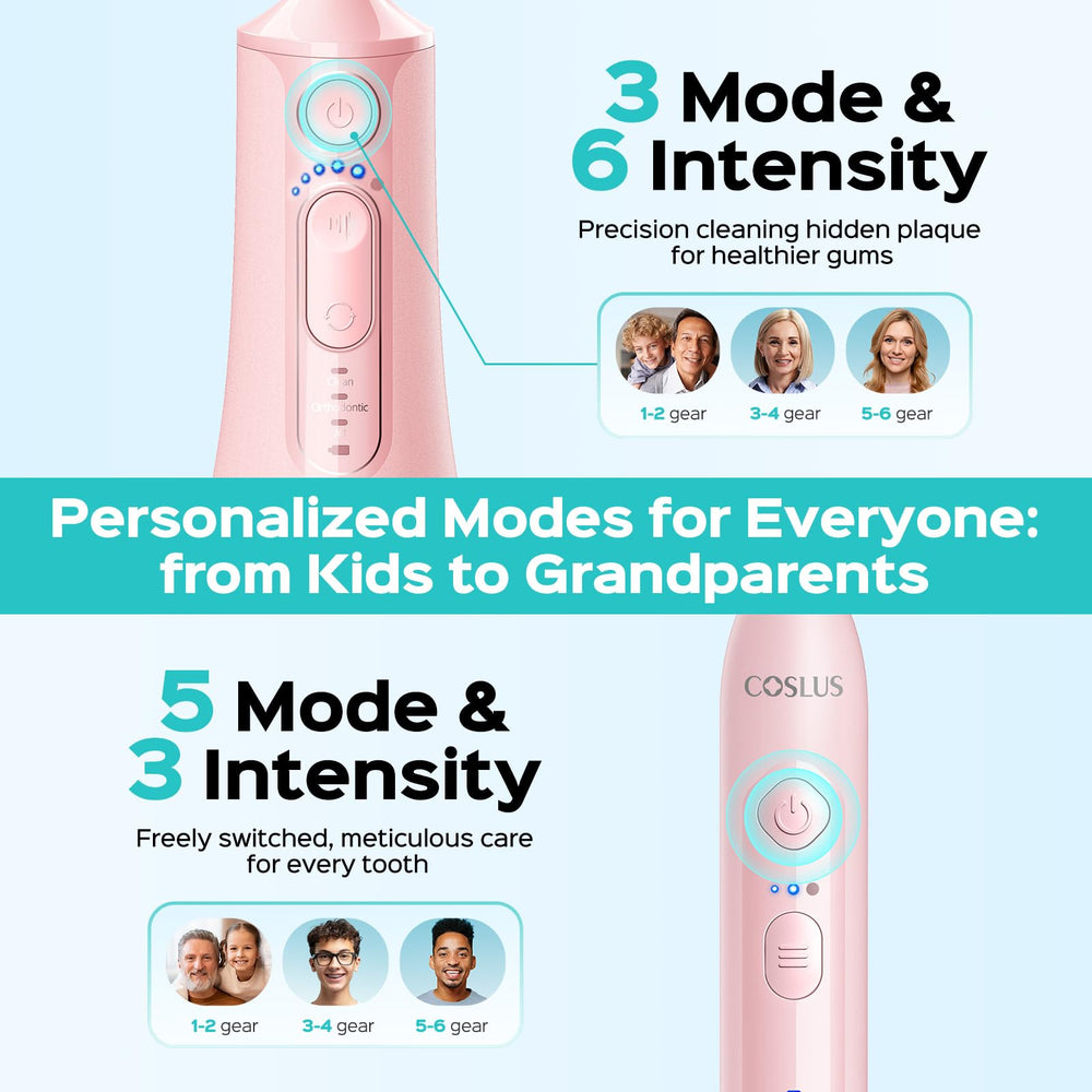 COSLUS collection of brush heads and nozzles displaying options for family use benefit