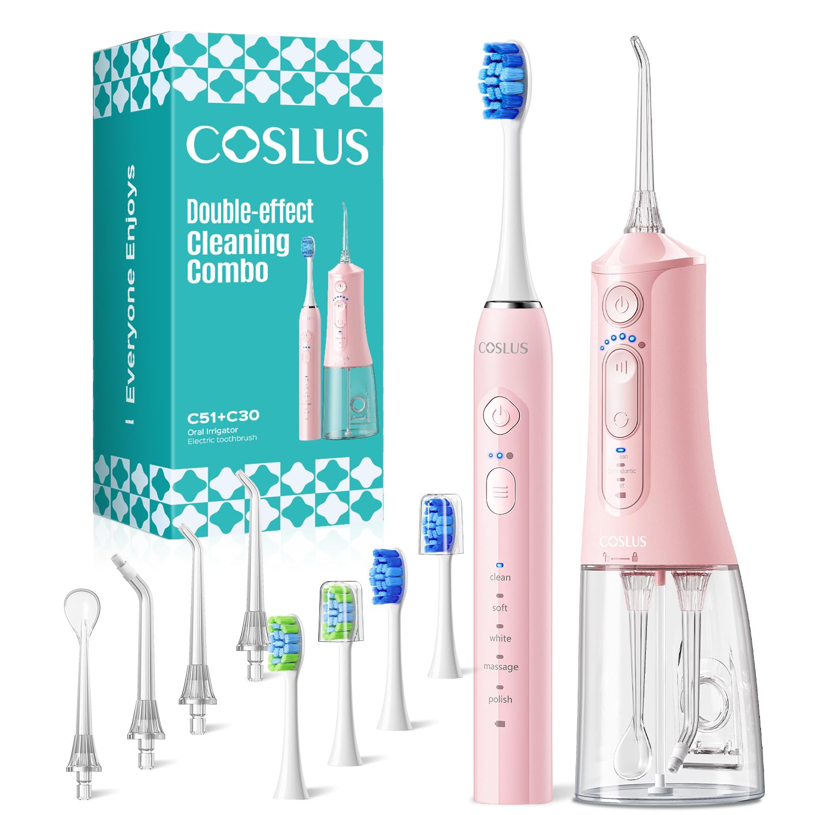 COSLUS front view of 2-in-1 kit showing toothbrush and flosser for full mouth care