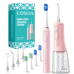 COSLUS front view of 2-in-1 kit showing toothbrush and flosser for full mouth care