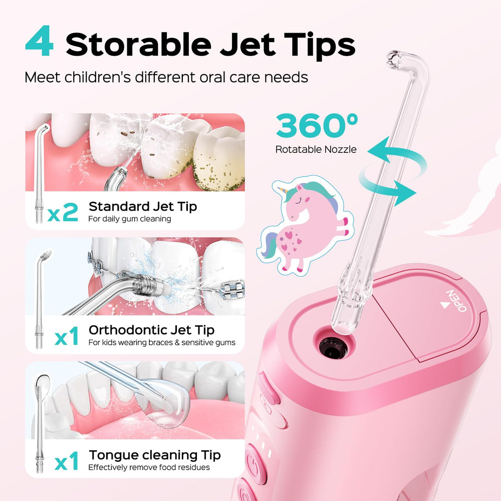COSLUS T40 accessories laid out including standard, orthodontic and tongue cleaner nozzles