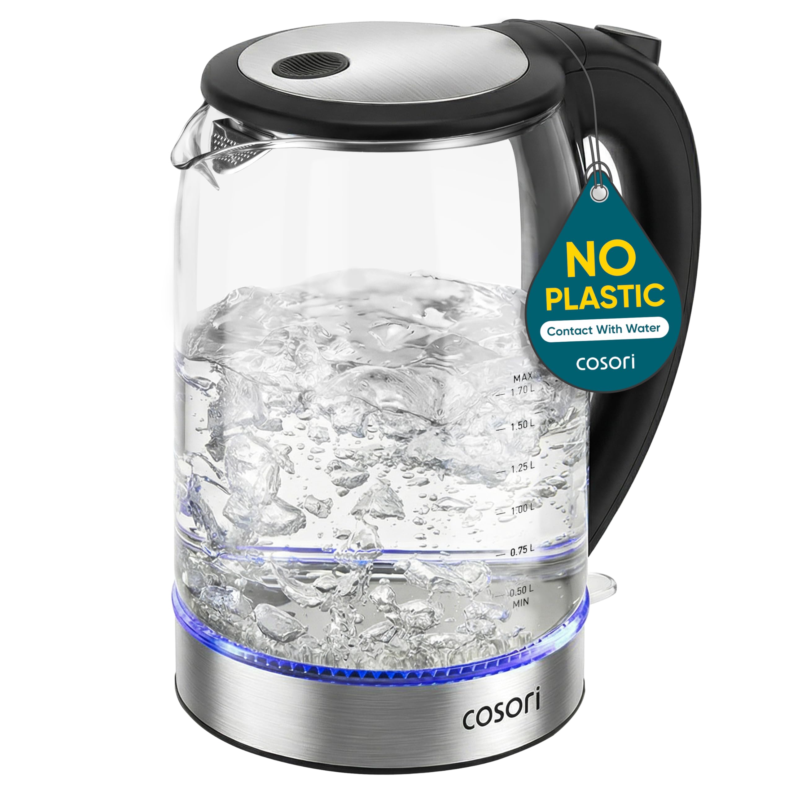 Cosori electric kettle front view showing sleek design and fast boil
