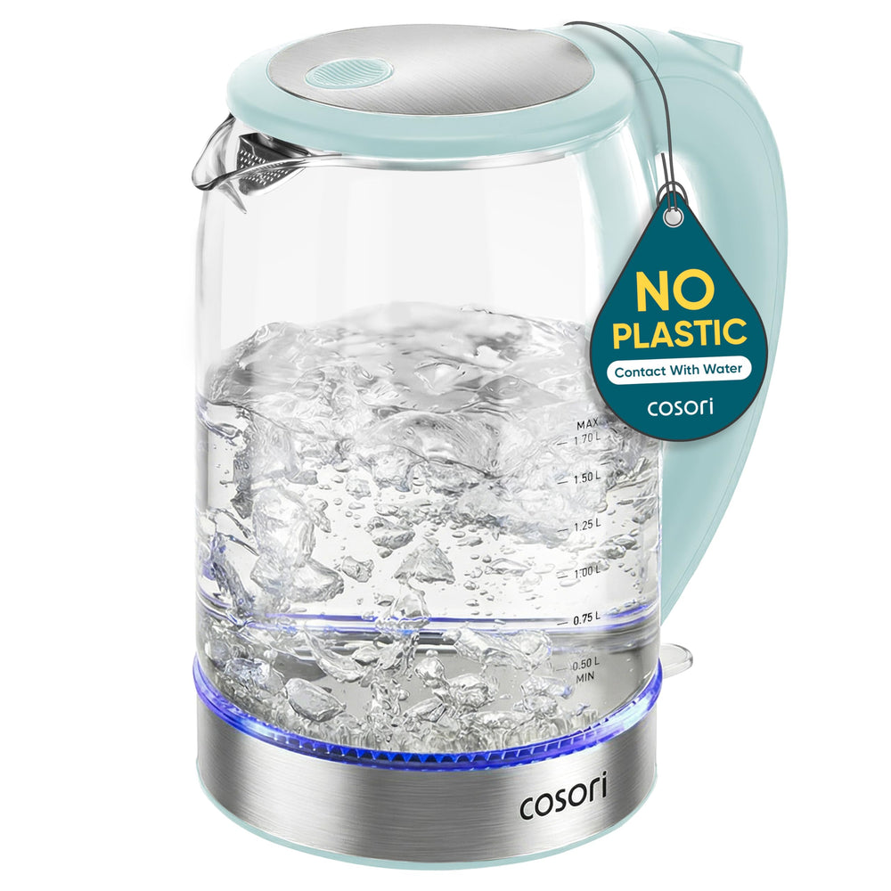 Cosori front view green kettle showing modern design and fast boiling benefit