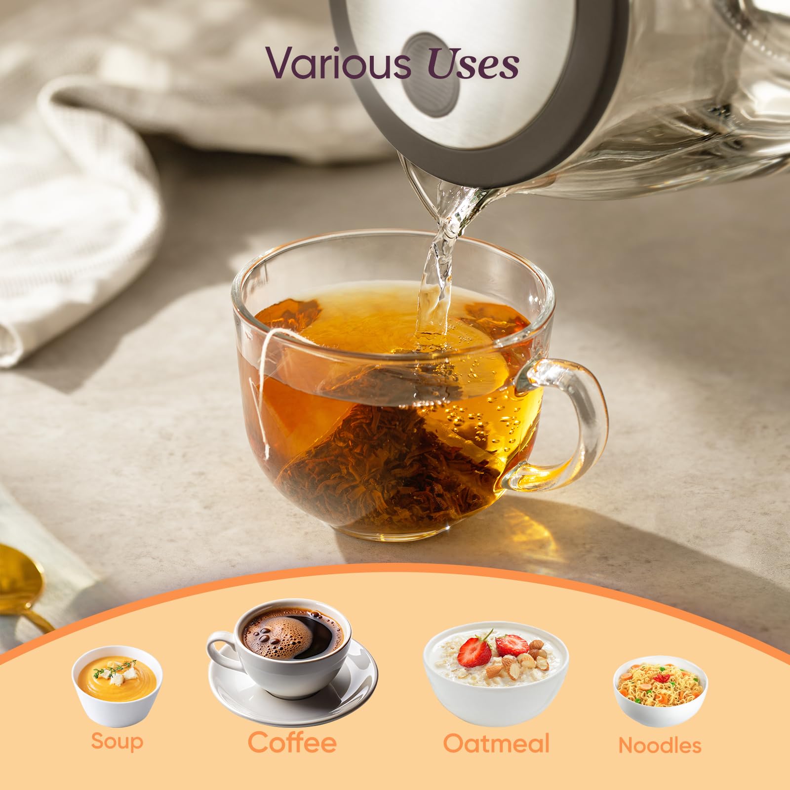 Cosori kettle in kitchen lifestyle scene for quick tea and coffee prep